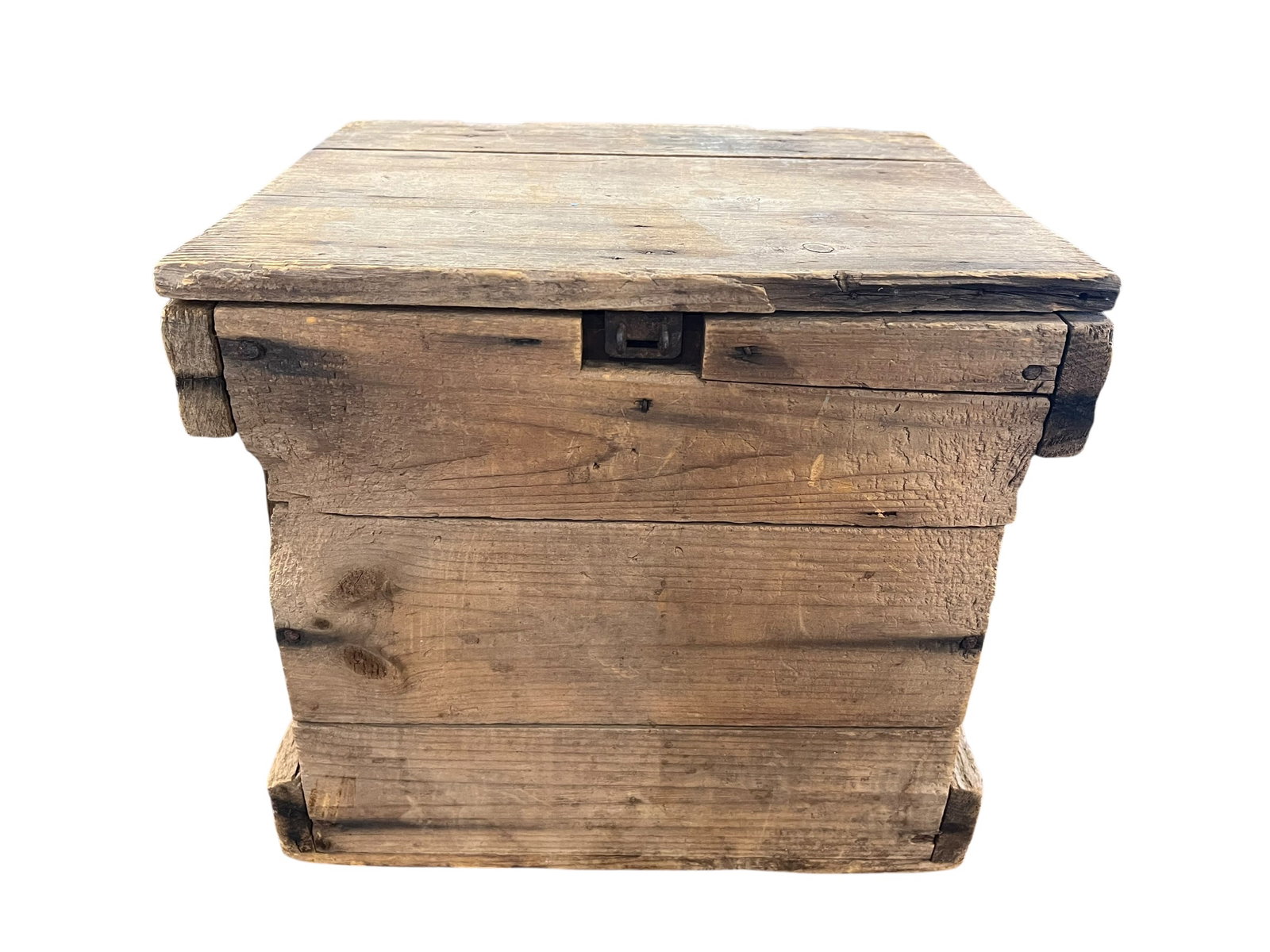 Antique Wooden Primitive Farmhouse Storage Chest: This is an antique wooden primitive farmhouse storage chest.Materials and Construction: The item is crafted from rustic wood, featuring a sturdy block design with visible wear and surface scuffs.Desig