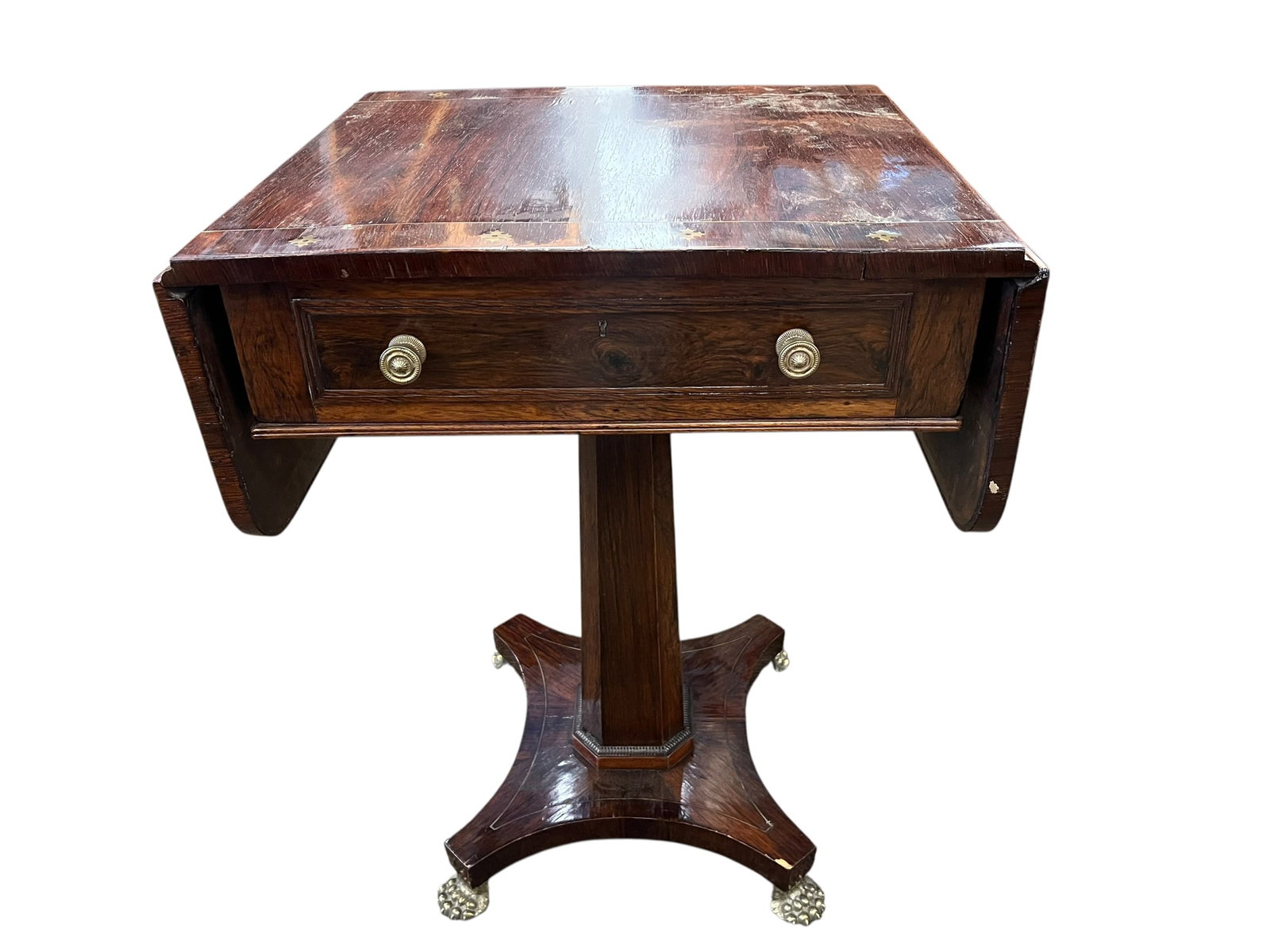 Early Banded Inlay Rosewood Dropleaf Stand: This is an antique rosewood drop-leaf table with pedestal base and brass details.Style and Era: Likely dates to the English Regency period (circa early 19th century), or is a high-quality in that