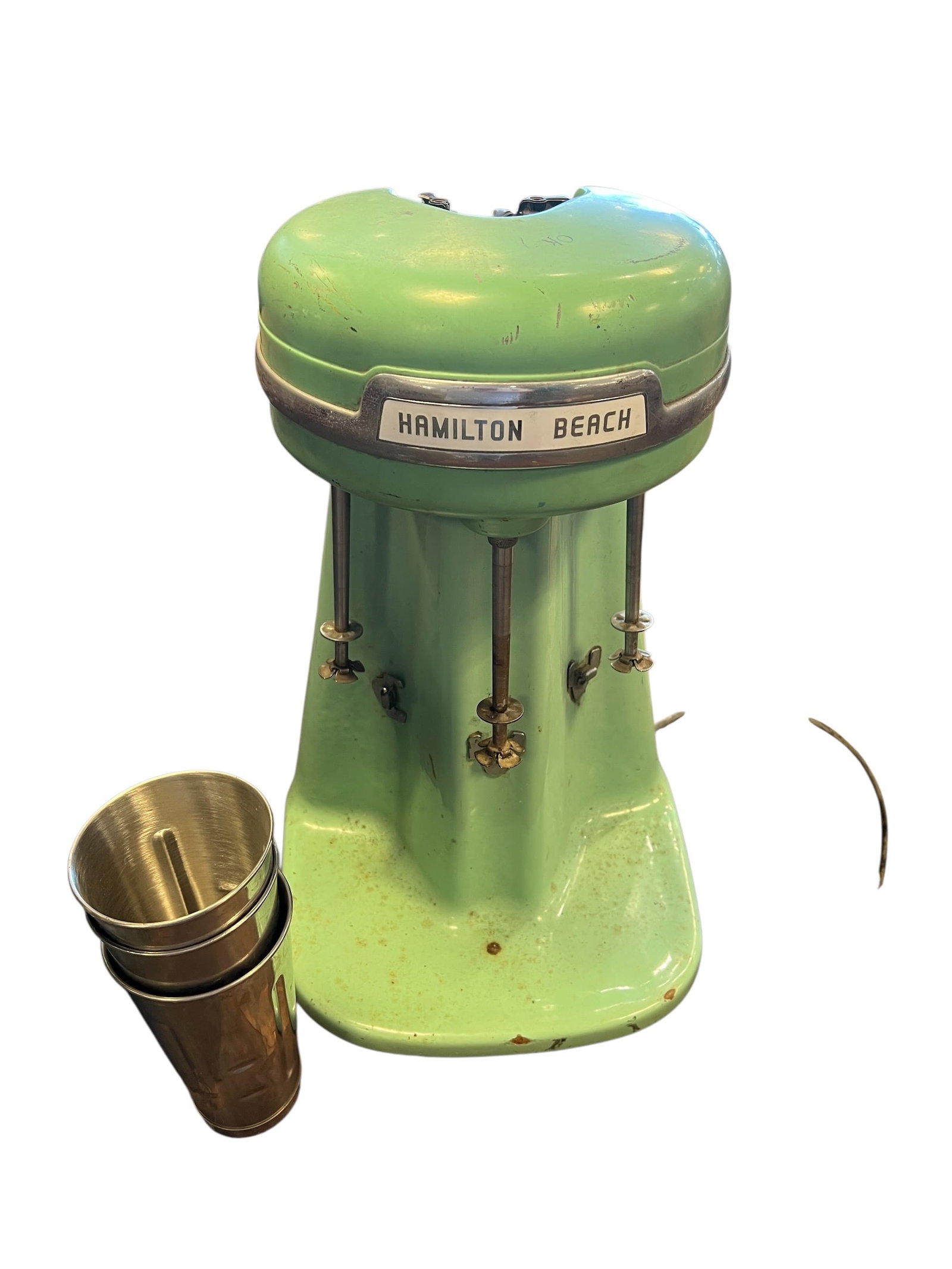 Hamilton Beach Milkshake Triple Mixer: This is a vintage Hamilton Beach Model 40DM 3-head triple malt milkshake mixer in jadeite green porcelain finish.This commercial-grade machine, likely dating to the 1940s or 1950s, was designed for