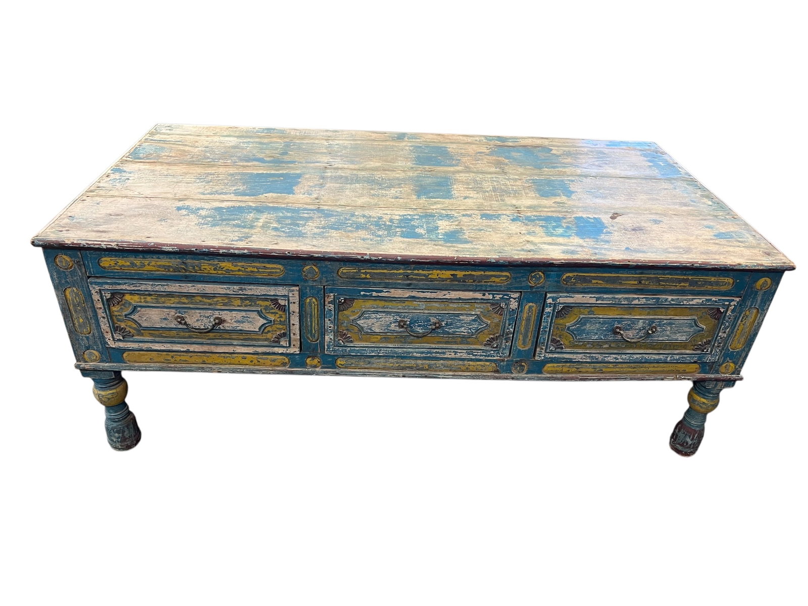 Table: These are rustic, hand-painted coffee tables or storage chests reminiscent of traditional Indian Damchiya dowry chests. [1, 2]Materials & Design: These pieces are typically crafted from solid reclaime