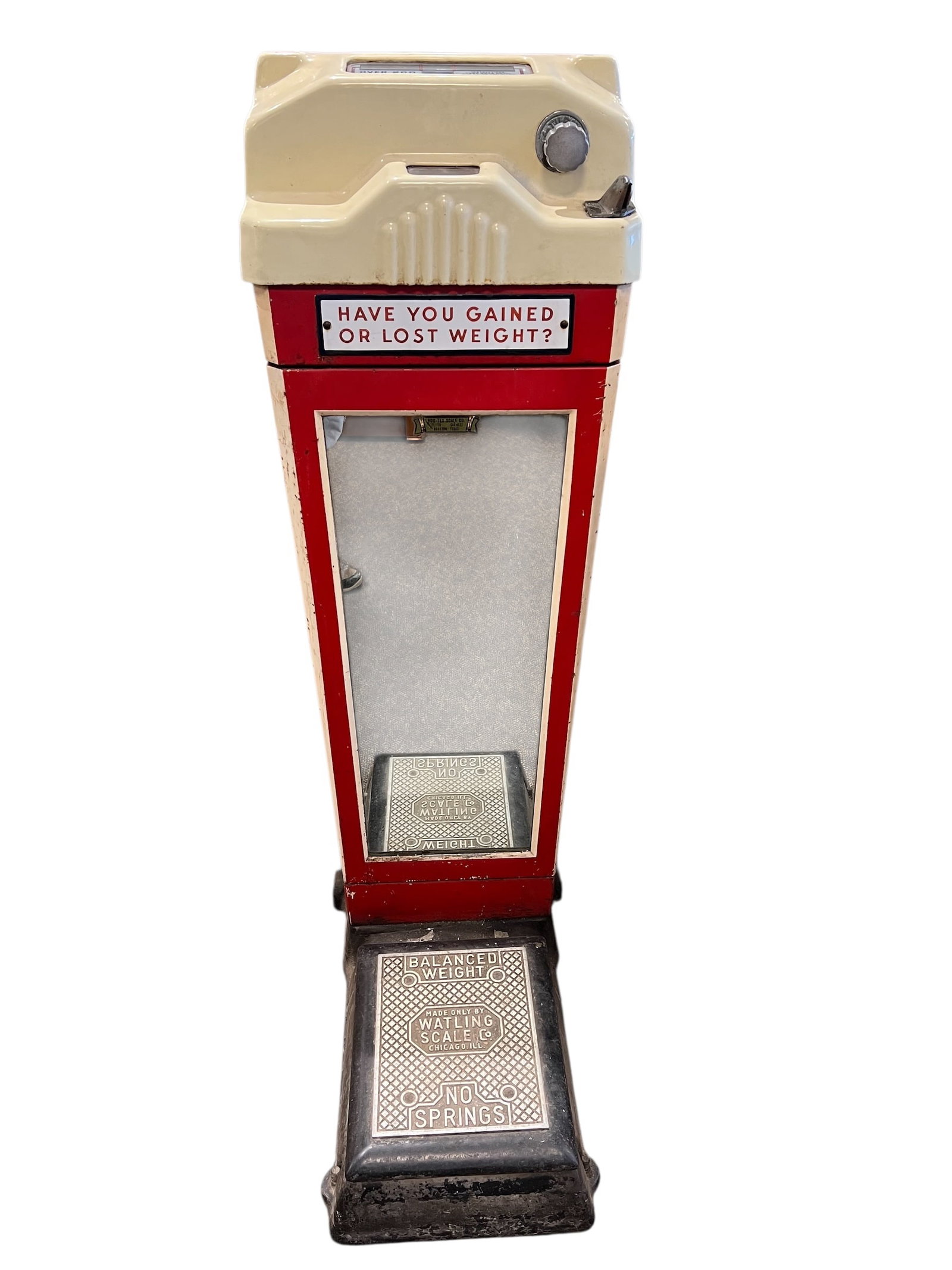 Penny Scale: This is a vintage Watling "Small Guesser" Coin-Operated Penny Scale, manufactured by the prominent Watling Scale Company of Chicago, Illinois. Produced primarily during the 1930s to 1940s, these
