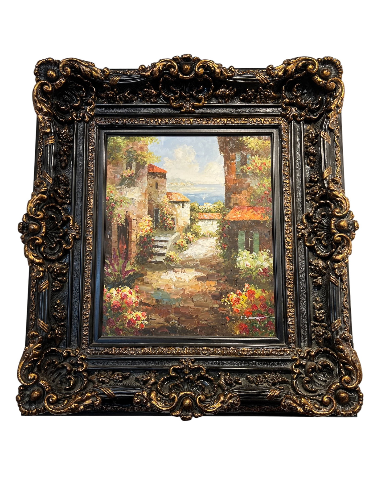 Signed Oil on Canvas: This is a framed oil painting from the Artmasters Collection depicting a coastal village road, featuring a dark brown and gold ornate frame. [1, 2]The artwork is often referred to as "Coastal Village