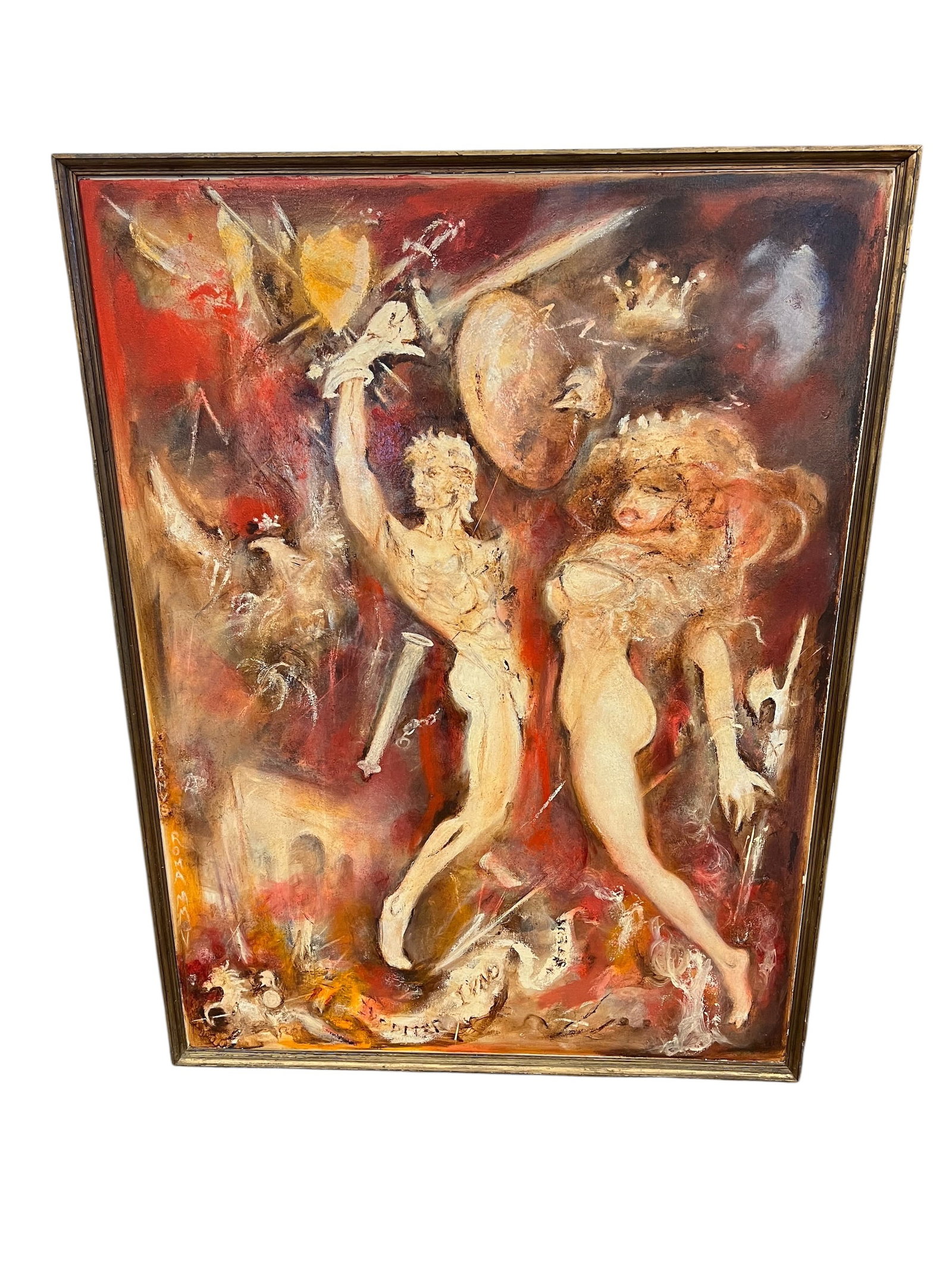 Oil on Canvas man and woman warriors: This oil painting, which resembles a limited edition hand-embellished silkscreen on canvas, features a stylized figurative scene with two nude dancers.The artwork is consistent with the style of