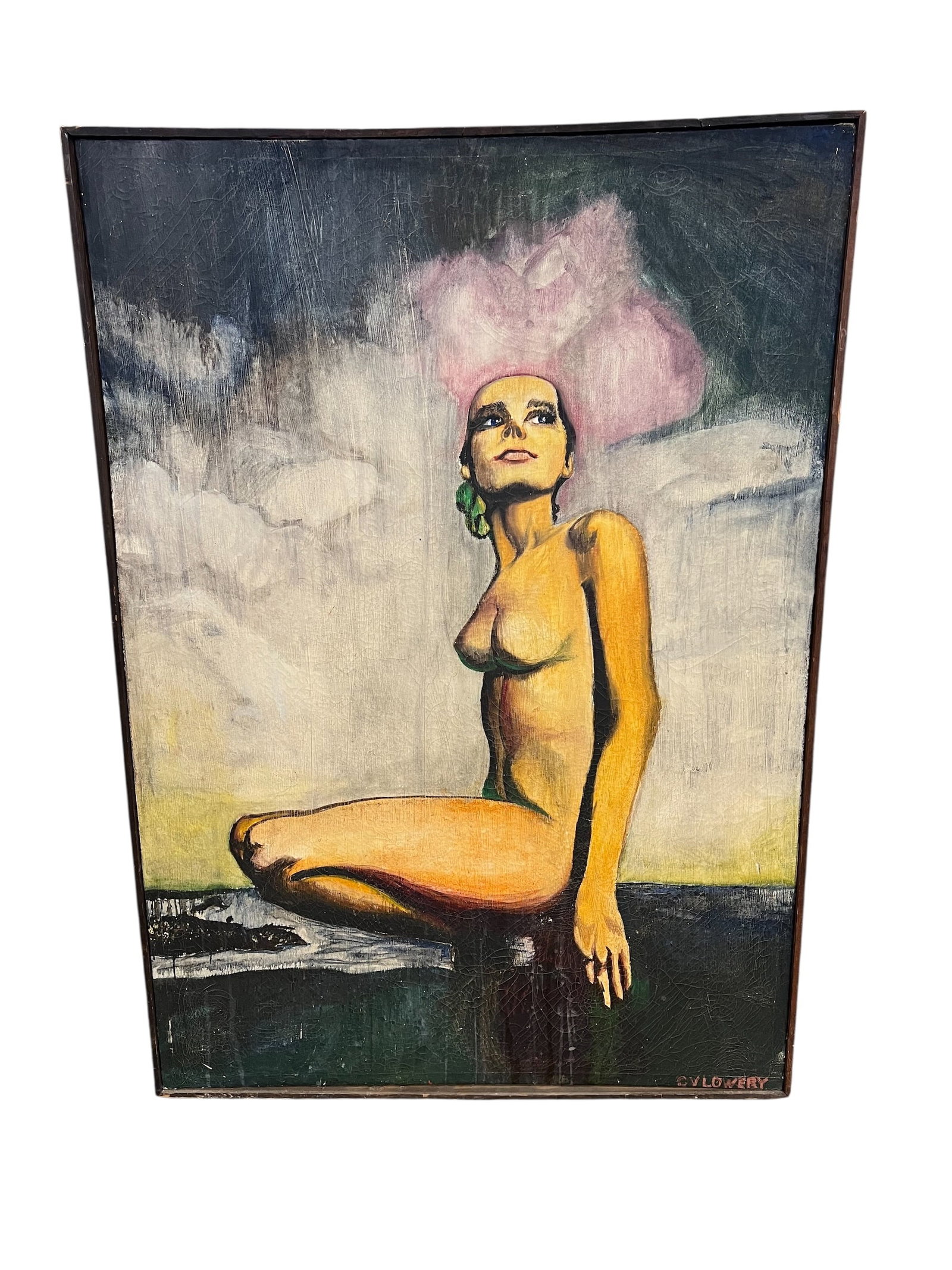Signed CV Lowery Oil on Canvas - woman: This artwork is a mid-century modernist oil painting depicting a stylized female nude set against an atmospheric sky with a pink, cloud-like element framing her head.Key Details & Artist SignatureThe