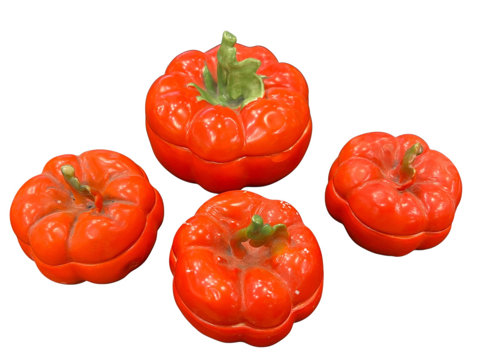 Lot of 4 Royal Bayreuth China: This is a vintage Royal Bayreuth tomato-shaped trinket box.Manufacturer: Royal Bayreuth, Bavaria.Era: Produced roughly between 1902 and 1919.Material: Porcelain.Usage: Originally designed as a