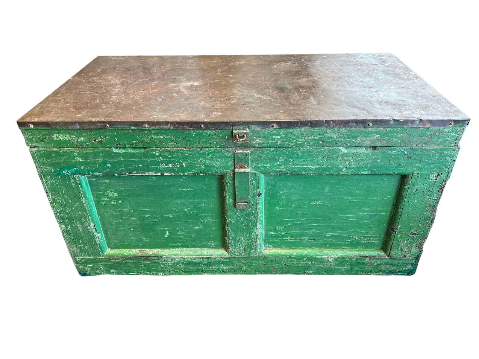 Early Tool Box: This item is an antique green-painted wooden storage chest, characteristic of mid-to-late 19th-century or early 20th-century rustic utility trunks, such as a traditional carpenter's tool chest or a ma