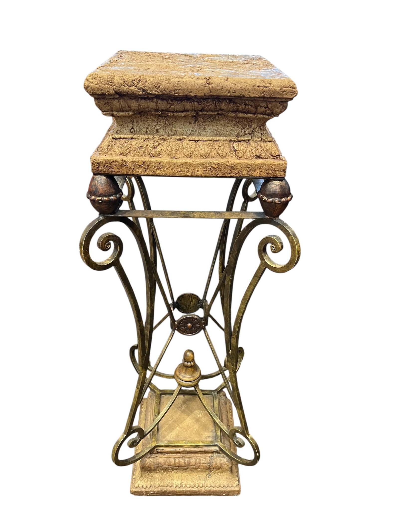Modern Plant Stand: This item is a vintage Neo-Classical style plant stand pedestal featuring an ornate, mixed-medium construction. [1]Design DetailsTop & Base: The square top platform and matching tiered base are made o