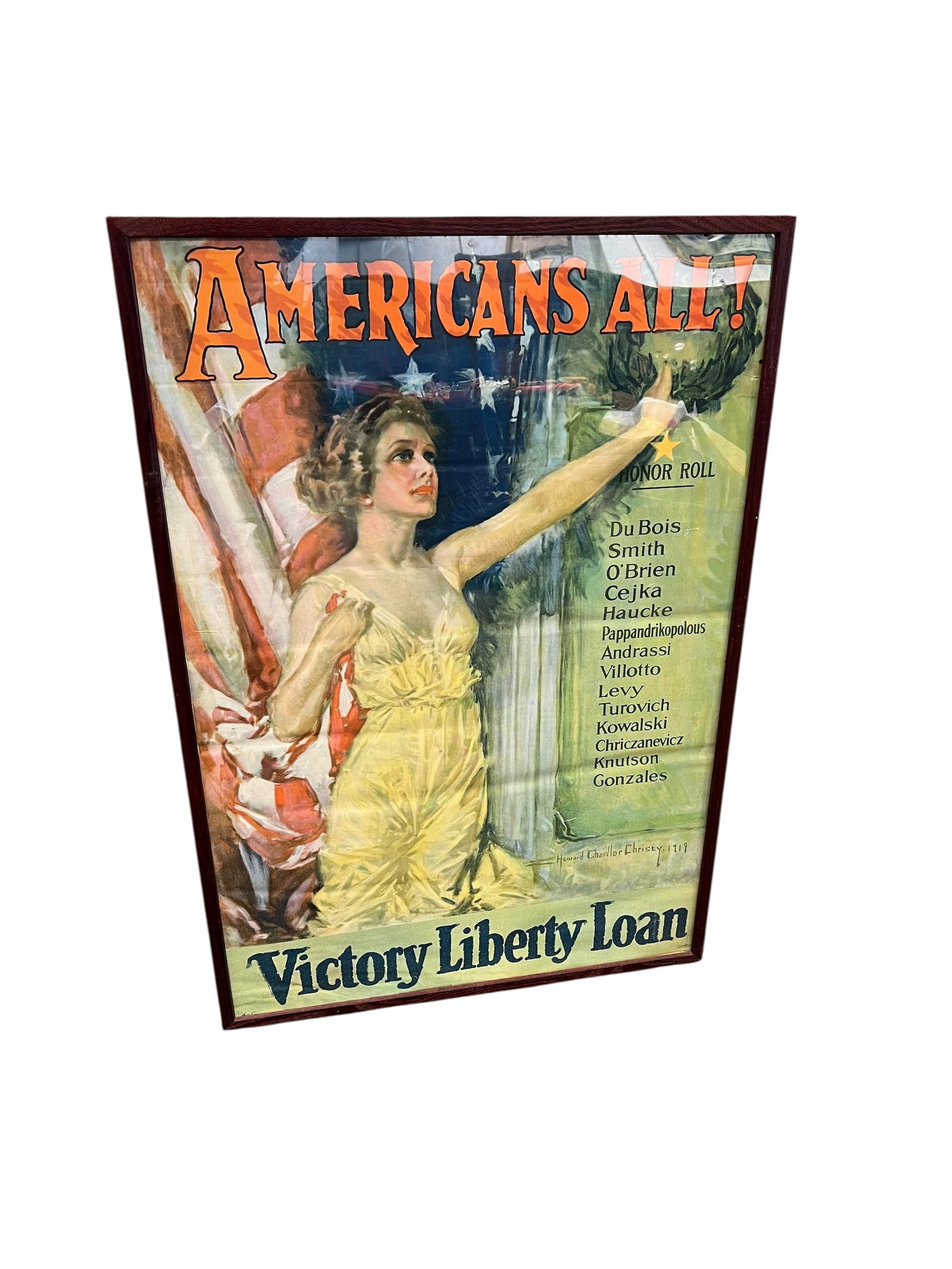 American All Victory Liberty Loans: This is a framed, vintage-style "Americans All! Victory Liberty Loan" poster from 1919.The original artwork was created by American artist Howard Chandler Christy and features an allegorical female