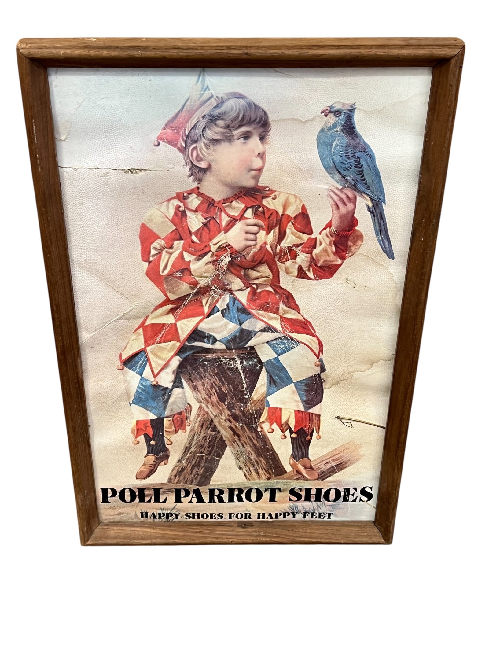Poll Parrot Shoes Advertising Picture: This image shows a vintage advertising sign for Poll Parrot Shoes. [1, 2]Brand History: Poll Parrot shoes were a popular brand of children's shoes manufactured in St. Louis, Missouri, starting around