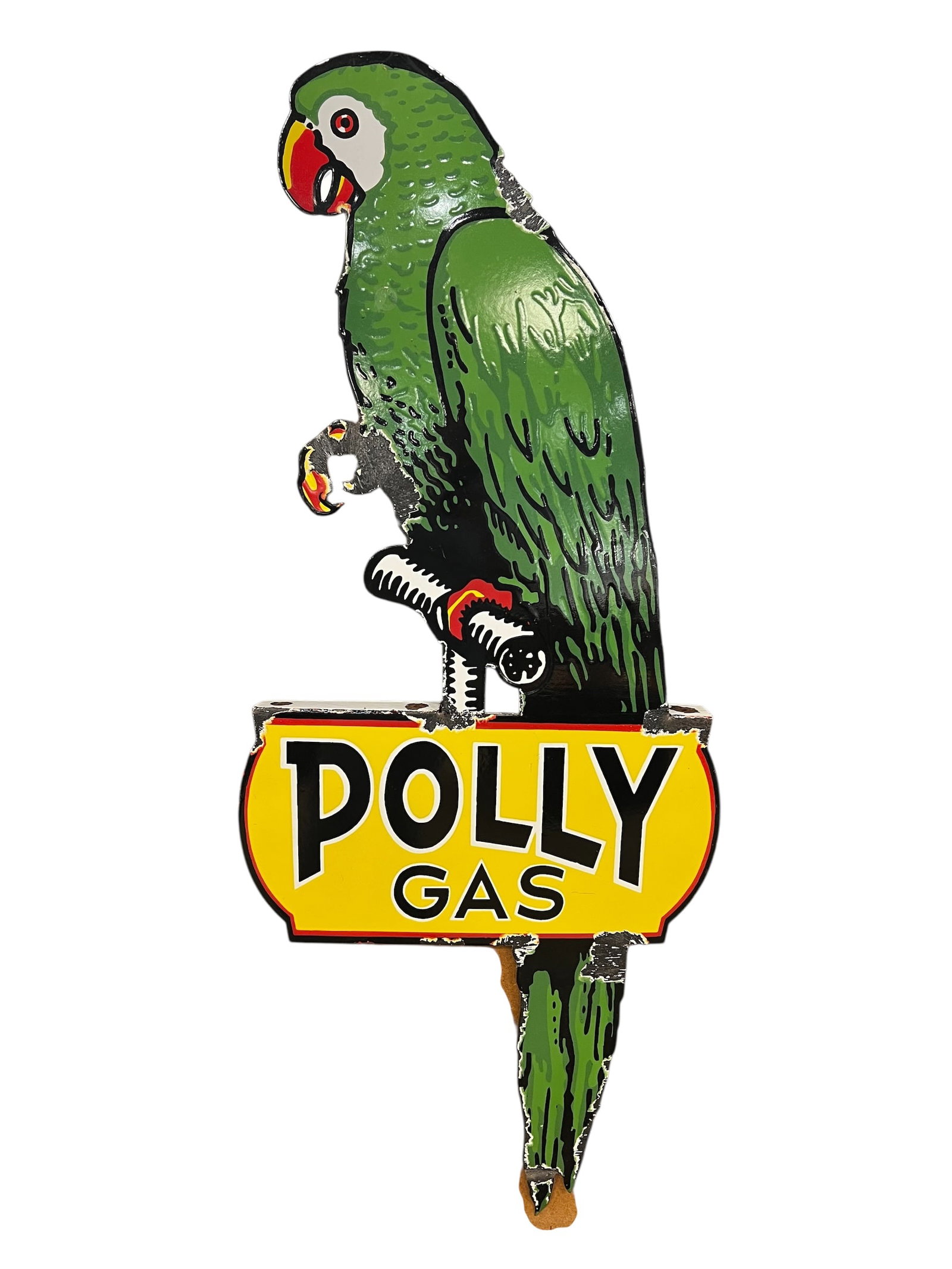 Polly Gas Advertising Sign: This image displays a vintage Polly Gas die-cut porcelain advertising sign. It showcases the brand's iconic mascot: a vibrant green parrot perched proudly on top of a yellow and black logotype block.