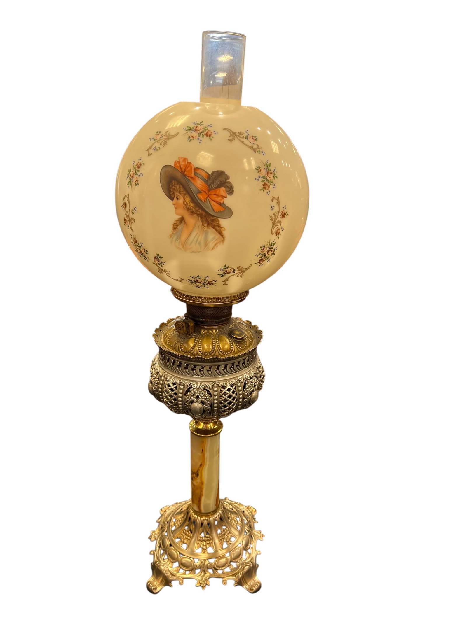 Antique Victorian Style Parlor or Banquet Lamp: This is a 12-inch stained glass table lamp featuring a red and pink floral pattern, often categorized as a "Tiffany-style" reproduction or similar Arts and Crafts design. [1, 2]Design Details: The