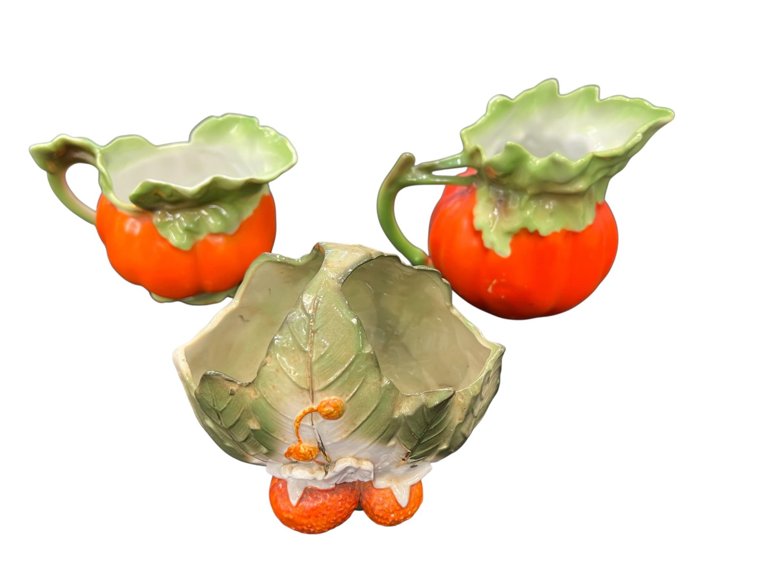 Lot of 3 Royal Bayreuth and Unmarked China: These are vintage Royal Bayreuth Bavaria porcelain figural items, typically designed to look like tomatoes or pumpkins. [1, 2]Design Details: The set features hand-painted porcelain pieces with