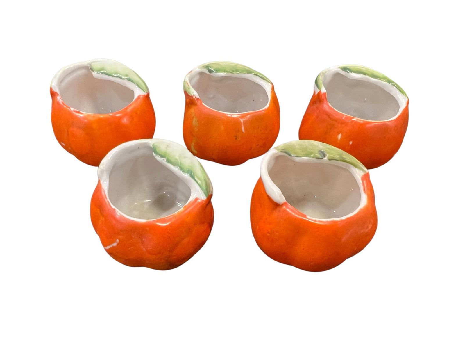 Lot of 5 China Salts: These are vintage Majolica ceramic condiment containers shaped like oranges. [1, 2]Design: The containers are designed to look like vibrant orange fruits, often including green leaf details on the