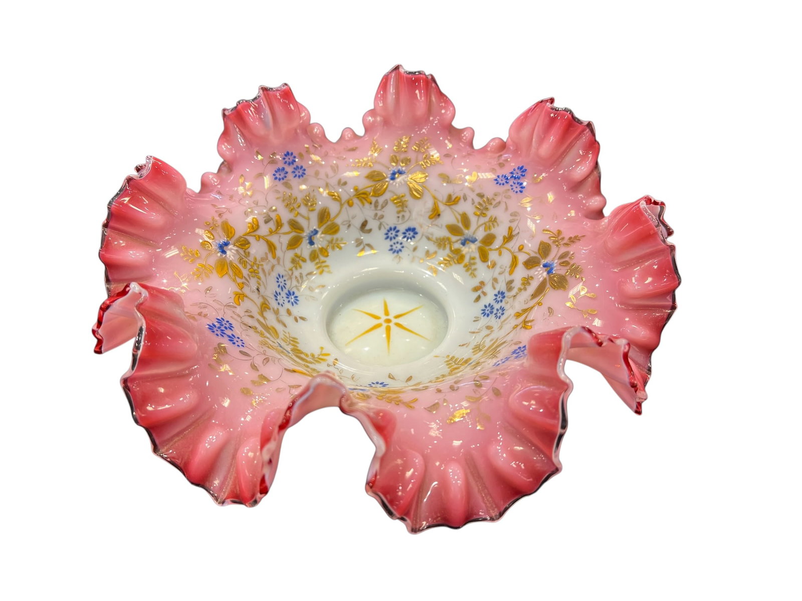 Frosted to Cranberry Brides Basket: This item is an antique Victorian bride's basket bowl, typically crafted from cased opaline art glass during the late 19th or early 20th century. [1, 2]Key CharacteristicsStyle: Features a heavily