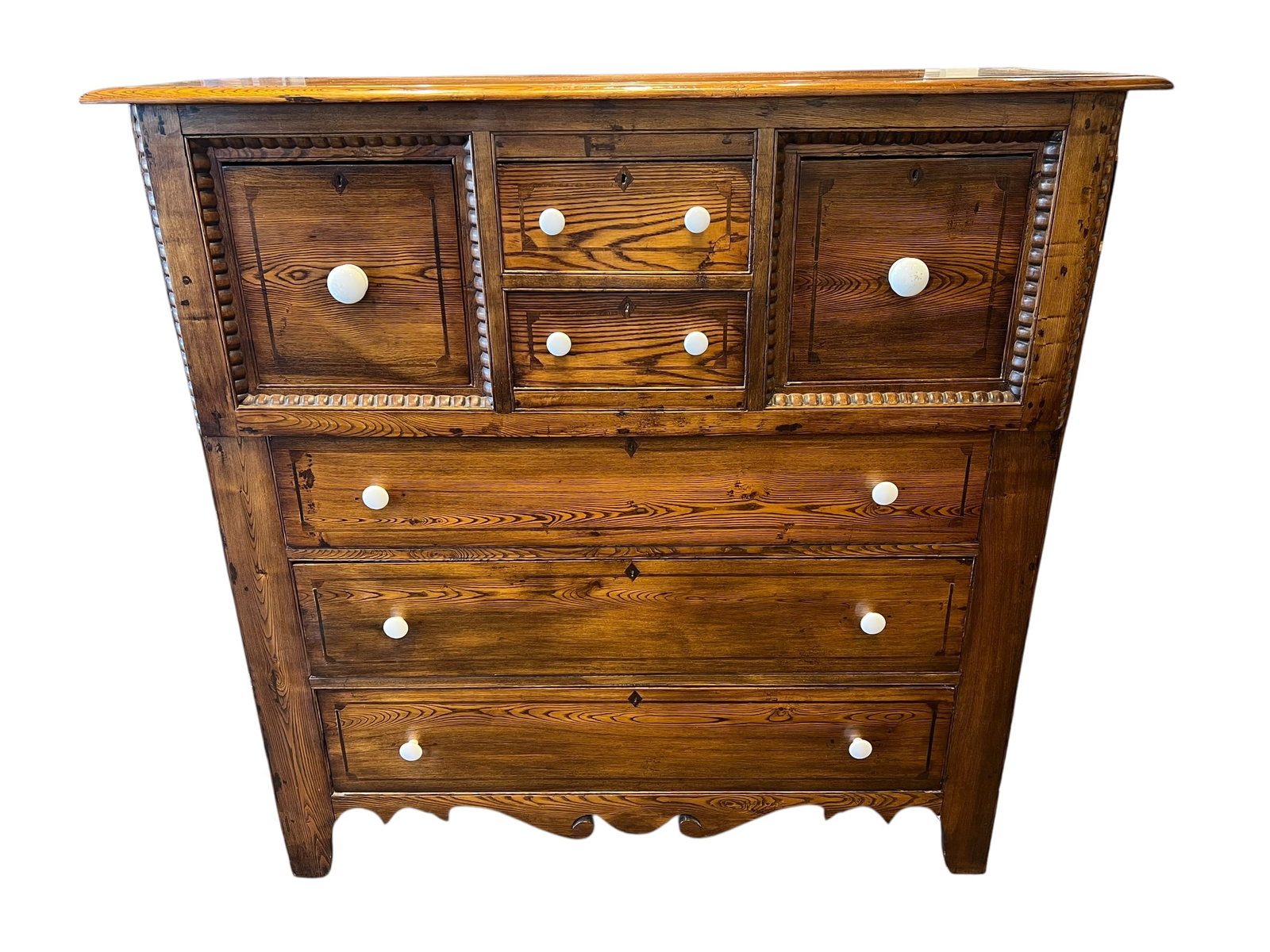 Georgia primitive folk art pine chest: This furniture piece is a Welsh Chiffonier (often referred to as a Scottish or Welsh tallboy chest of drawers), which is a classic example of 19th-century British provincial design.Key FeaturesWood Ty