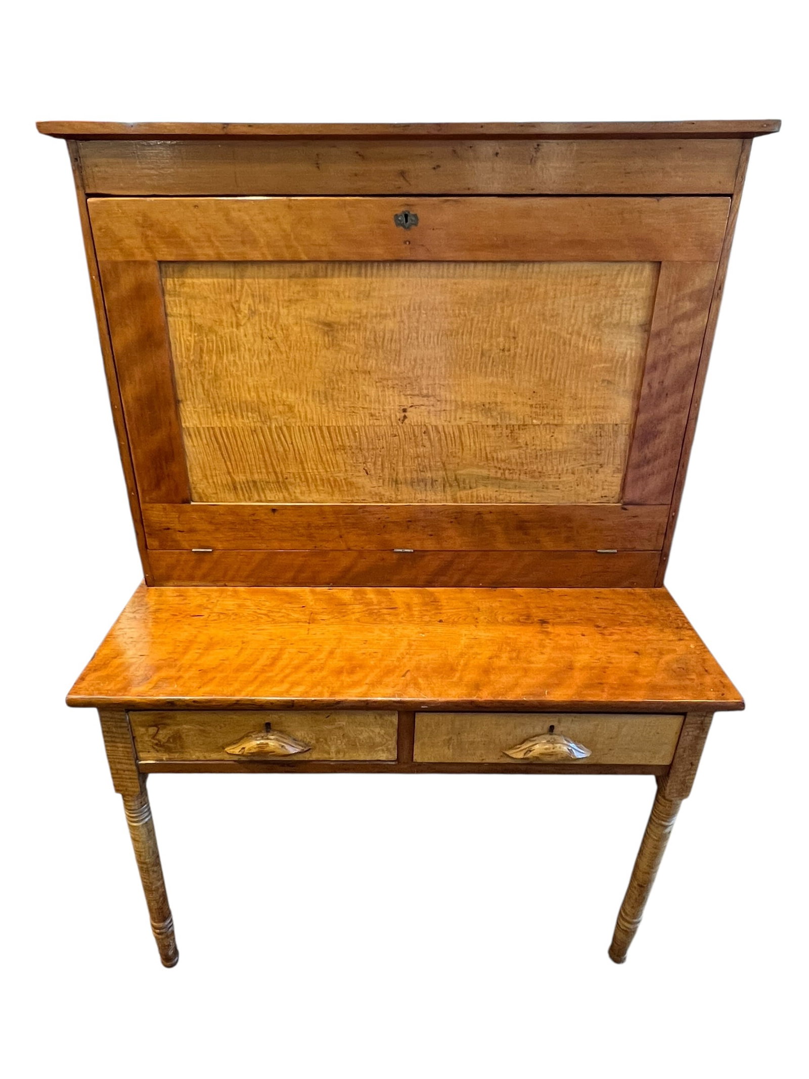 19th-century antique drop-front plantation desk: This is a 19th-century drop-front plantation desk, typically crafted in the American South.Key CharacteristicsFunction: The top slanted panel drops forward to create a flat writing surface.Storage: Th