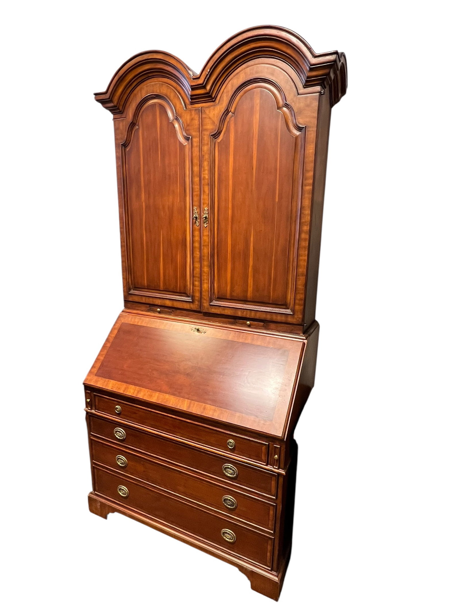 Century Furniture mahogany secretary desk: This is a Century Furniture mahogany secretary desk from the British National Trust collection. [1, 2]This piece features a double bonnet or broken-arch pediment top with blind (solid wood) doors.It