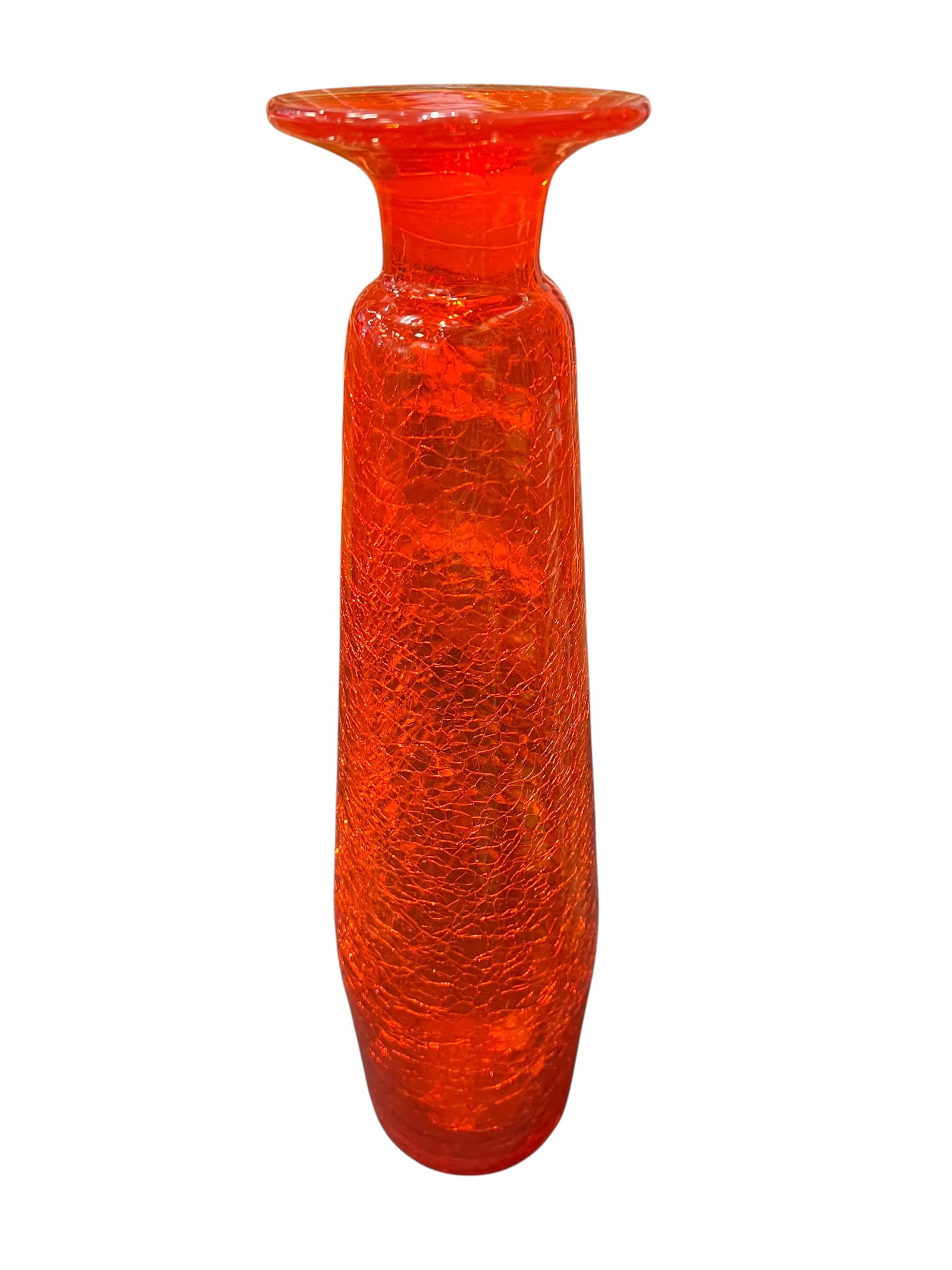 vibrant orange or tangerine crackle glass vase: This is a vibrant orange or tangerine crackle glass vase, likely manufactured by Blenko Glass Company. [1, 2, 3]Manufacturing Technique: The textured "crackle" finish is created by plunging hot glass 