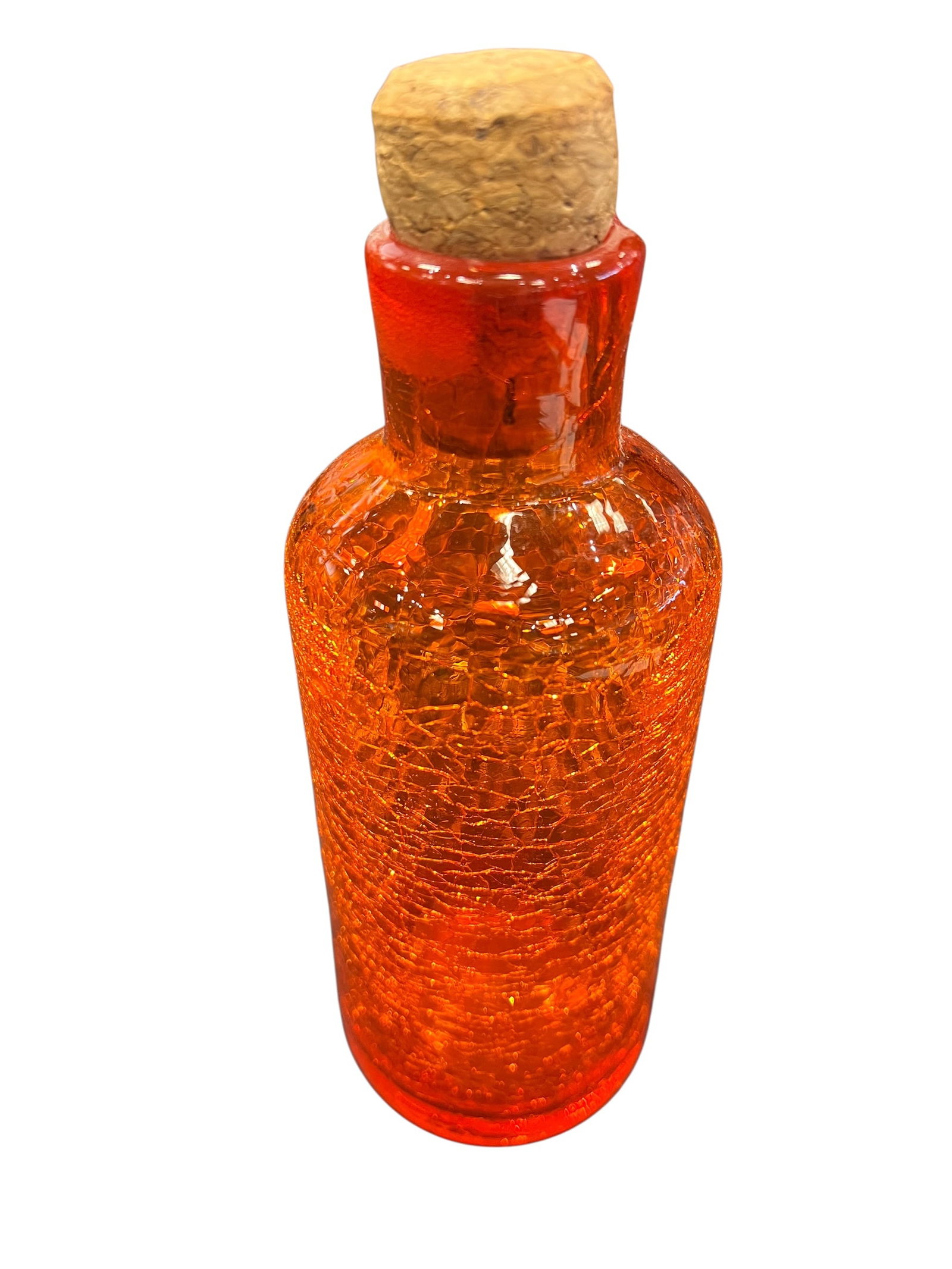 vintage Rainbow Art Glass tangerine orange crackle glass decanter with a cork stopper. [1, 2]: This is a vintage Rainbow Art Glass tangerine orange crackle glass decanter with a cork stopper. [1, 2]Distinctive Texture: The bottle features a characteristic crackle finish, where the glass is inte
