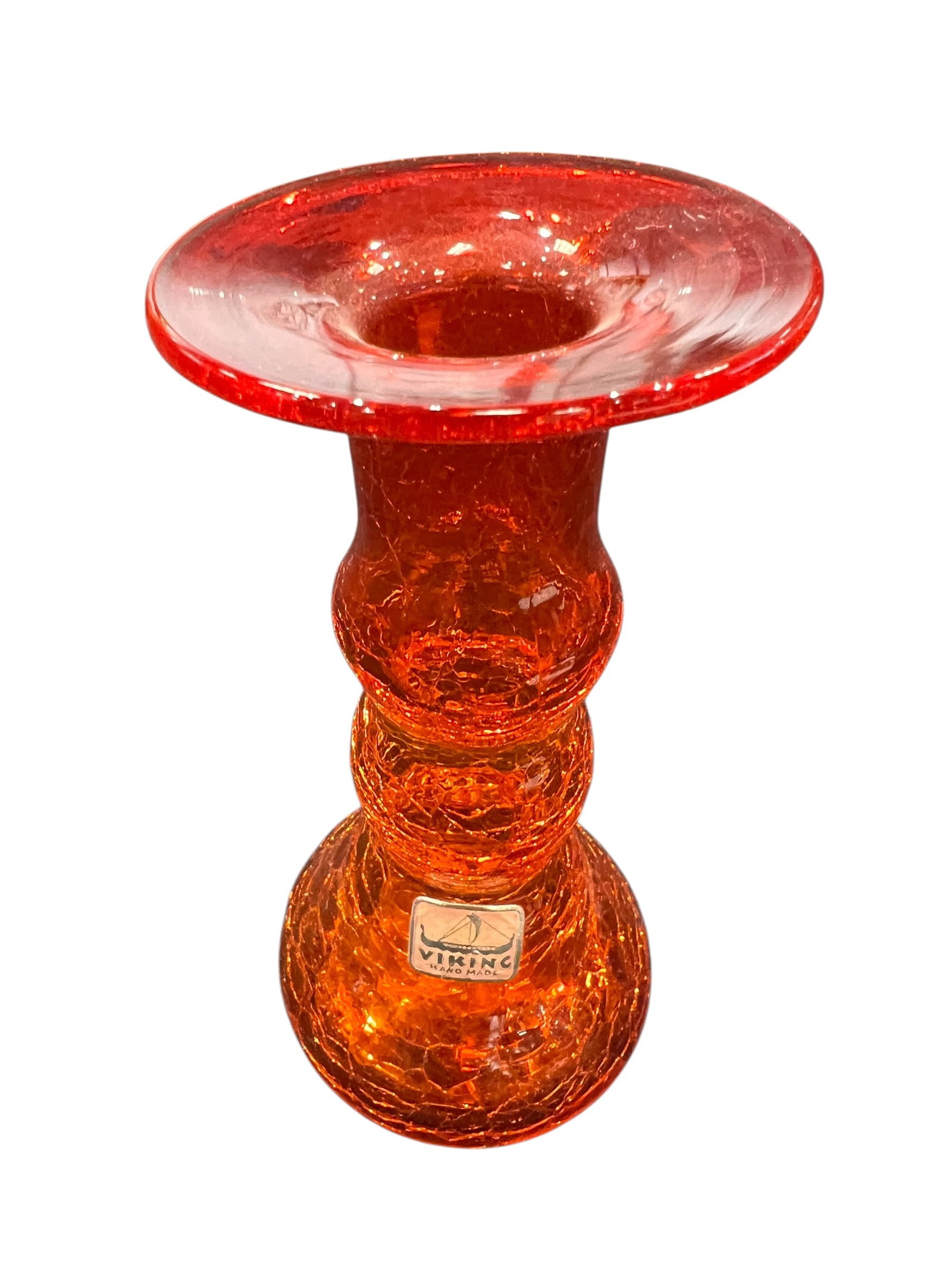 Vintage Rainbow Glass Company Amberina crackle glass candle holder.: This is a Vintage Rainbow Glass Company Amberina crackle glass candle holder. [1]Design Details: The item is a hand-blown glass candlestick featuring a distinct textured, crackled finish that adds a v