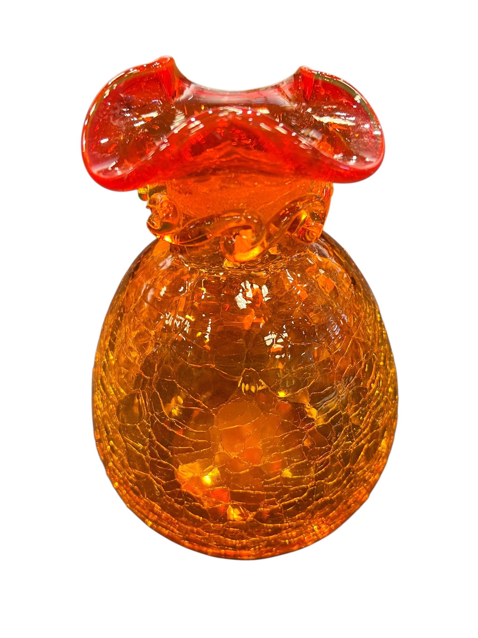 vintage Rainbow Glass Amberina orange crackle glass vase: This item is a vintage mid-century modern Amberina crackle glass vase. It features a distinctive pear-shaped or "lucky bag" round body with a heavily textured crackle finish, a ruffled/crimped neck ri