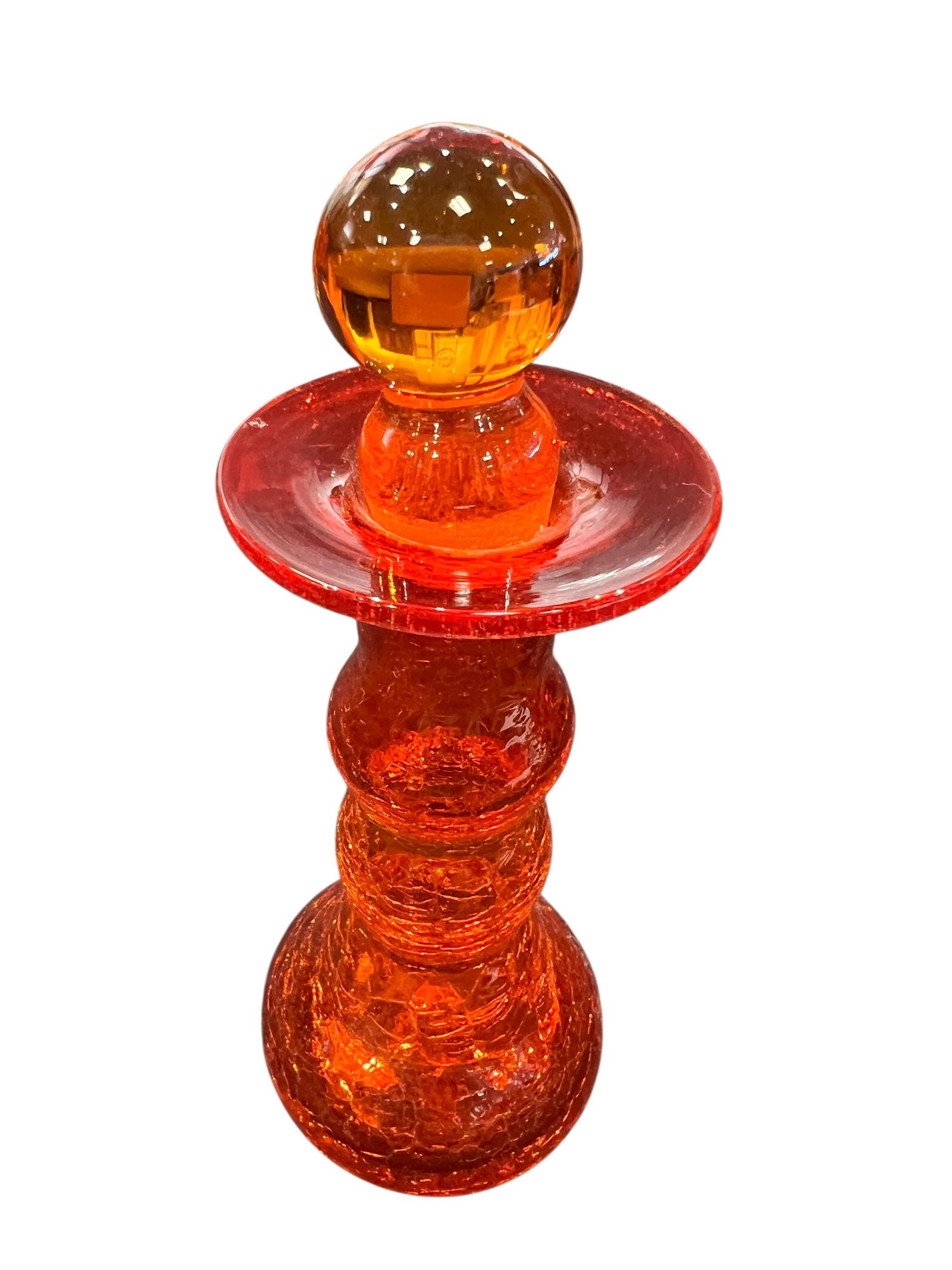 vintage Finnish Pompadour red crackle glass vase: This object is a vintage Mid-Century Modern amberina crackle glass candlestick holder, typically attributed to mid-century art glass manufacturers like the Rainbow Art Glass Company. [1]Key Characteri