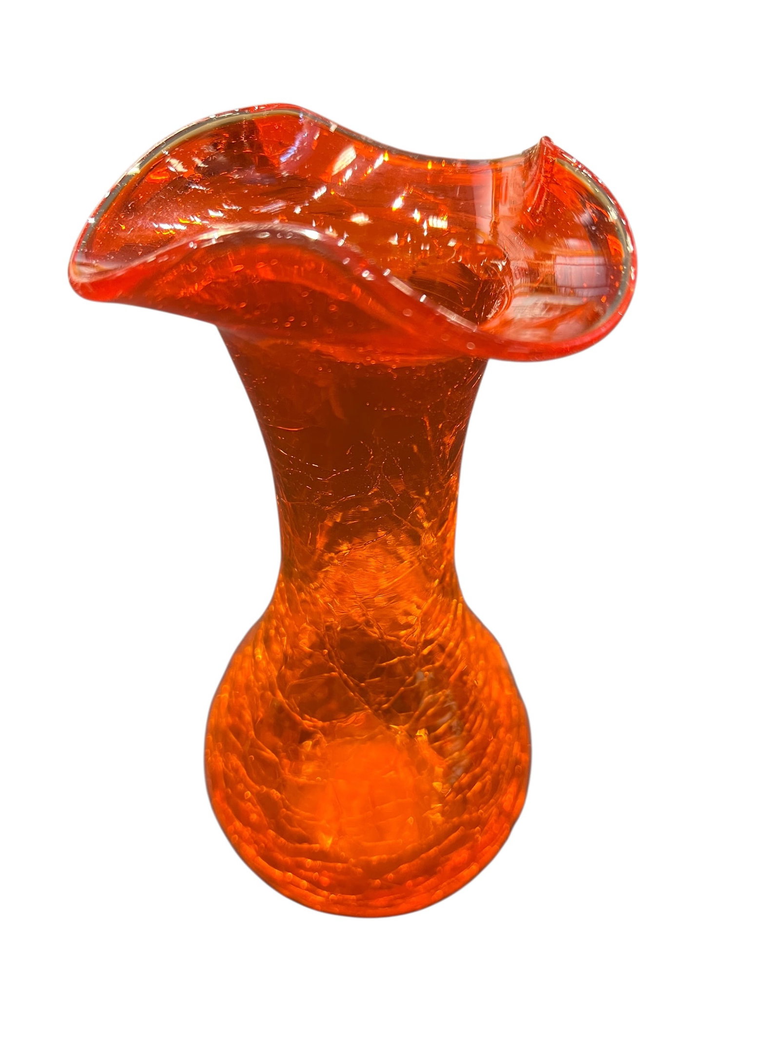 hand-blown orange crackle glass bud vase: This object is a Vintage Mid-Century Modern Orange Crackle Glass Bud Vase, commonly attributed to manufacturers like the Rainbow Art Glass Company or Kanawha Glass. [1, 2]Key CharacteristicsProduction
