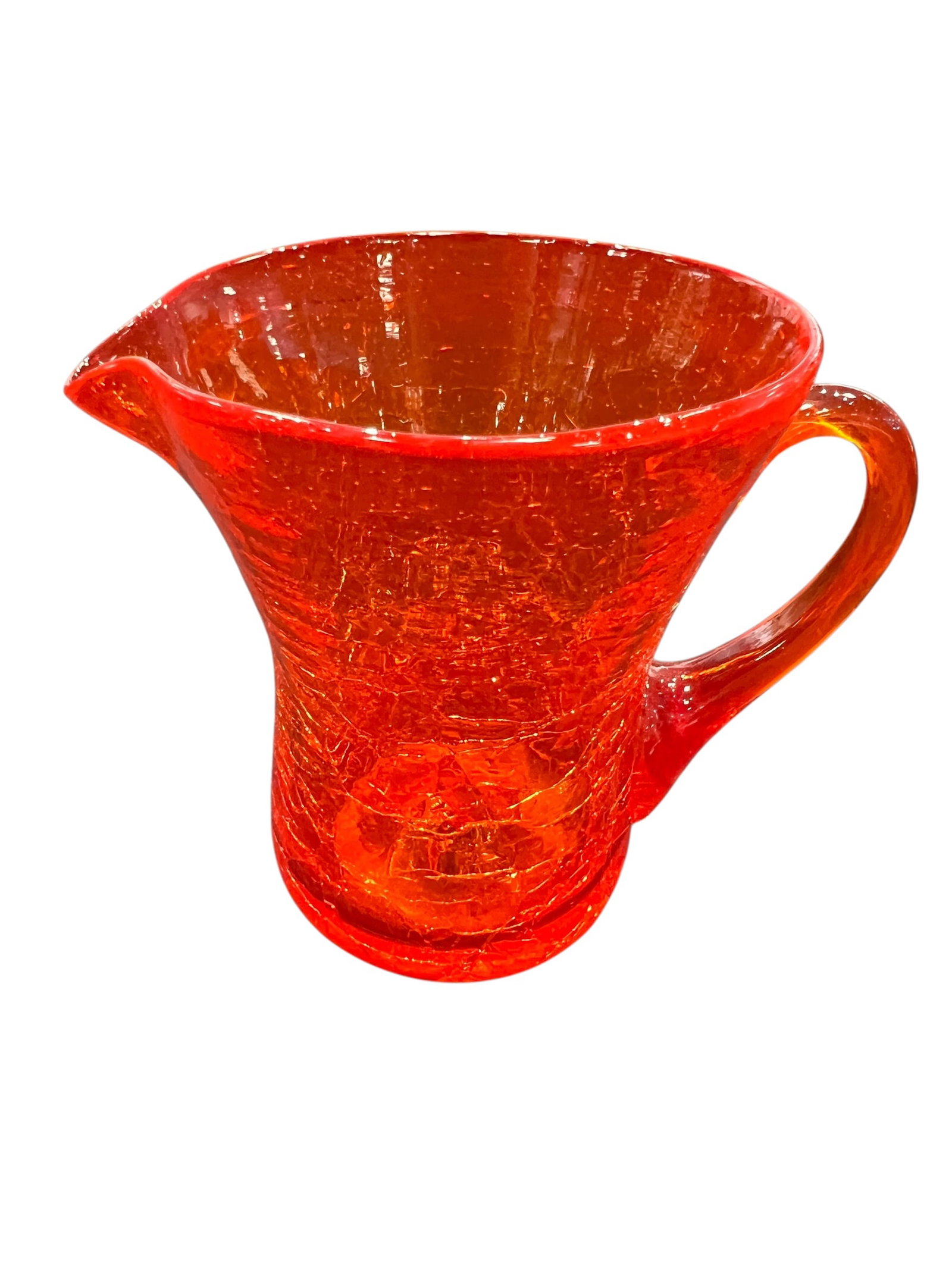vintage tangerine orange crackle glass pitcher: This is a vintage Mid-Century Modern crackle glass pitcher, commonly found in a vibrant tangerine or Amberina color gradient. [1]Key Characteristics & OriginsMakers: These pitchers were primarily hand