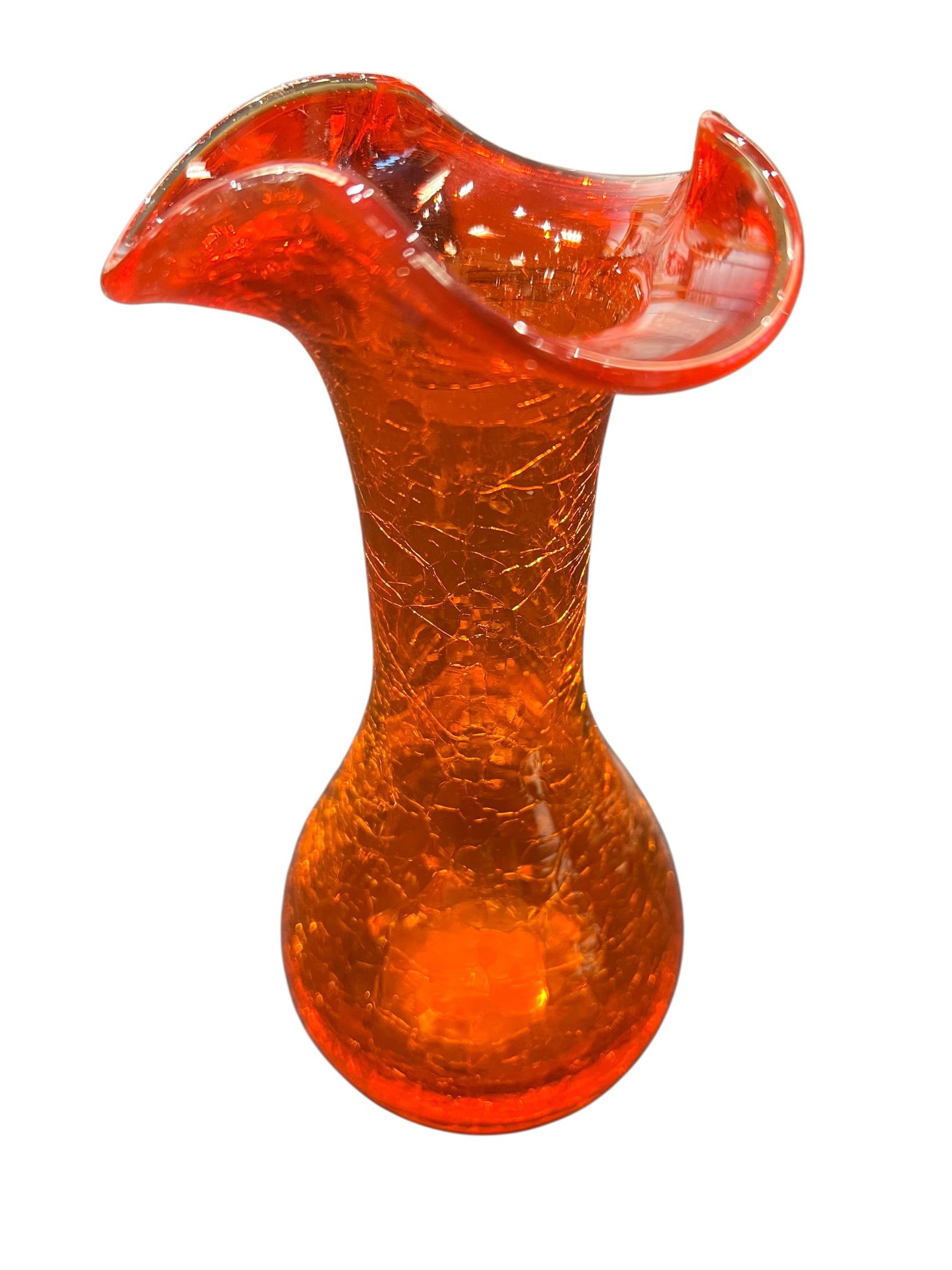 vintage Rainbow Art Glass bud vase: This item is a vintage Amberina orange crackle glass bud vase. It features a hand-blown, bulbous base, a narrowed neck, and a distinctive ruffled, fluted rim. [1, 2, 3]Key CharacteristicsStyle: Mid-Ce