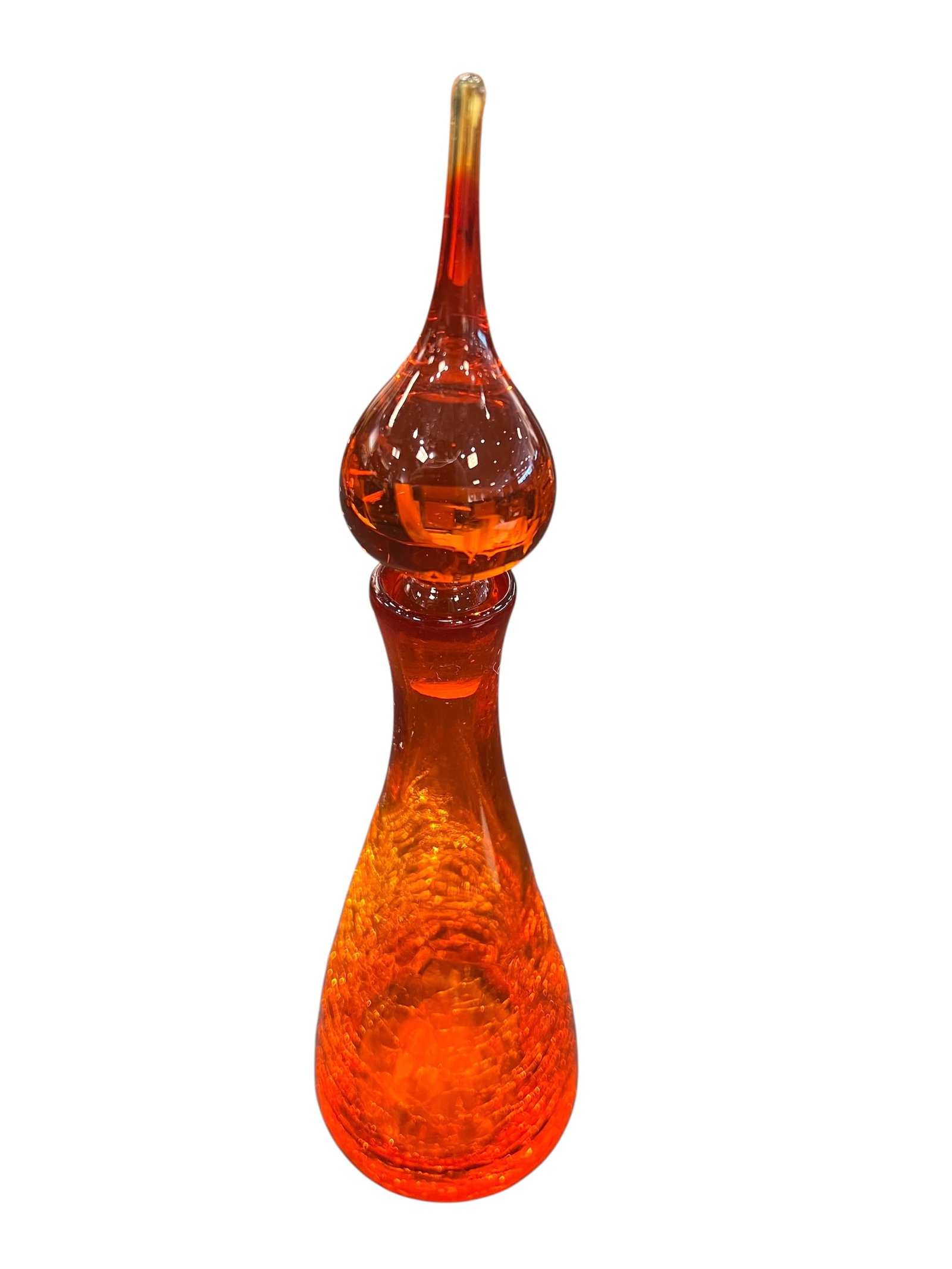 vintage Rainbow Art Glass amberina crackle glass decanter with a flame stopper: This is a vintage Rainbow Art Glass amberina crackle glass decanter with a flame stopper. [1, 2]Design & Color: The decanter features a teardrop-shaped base with a "crackle" finish and a vibrant orang