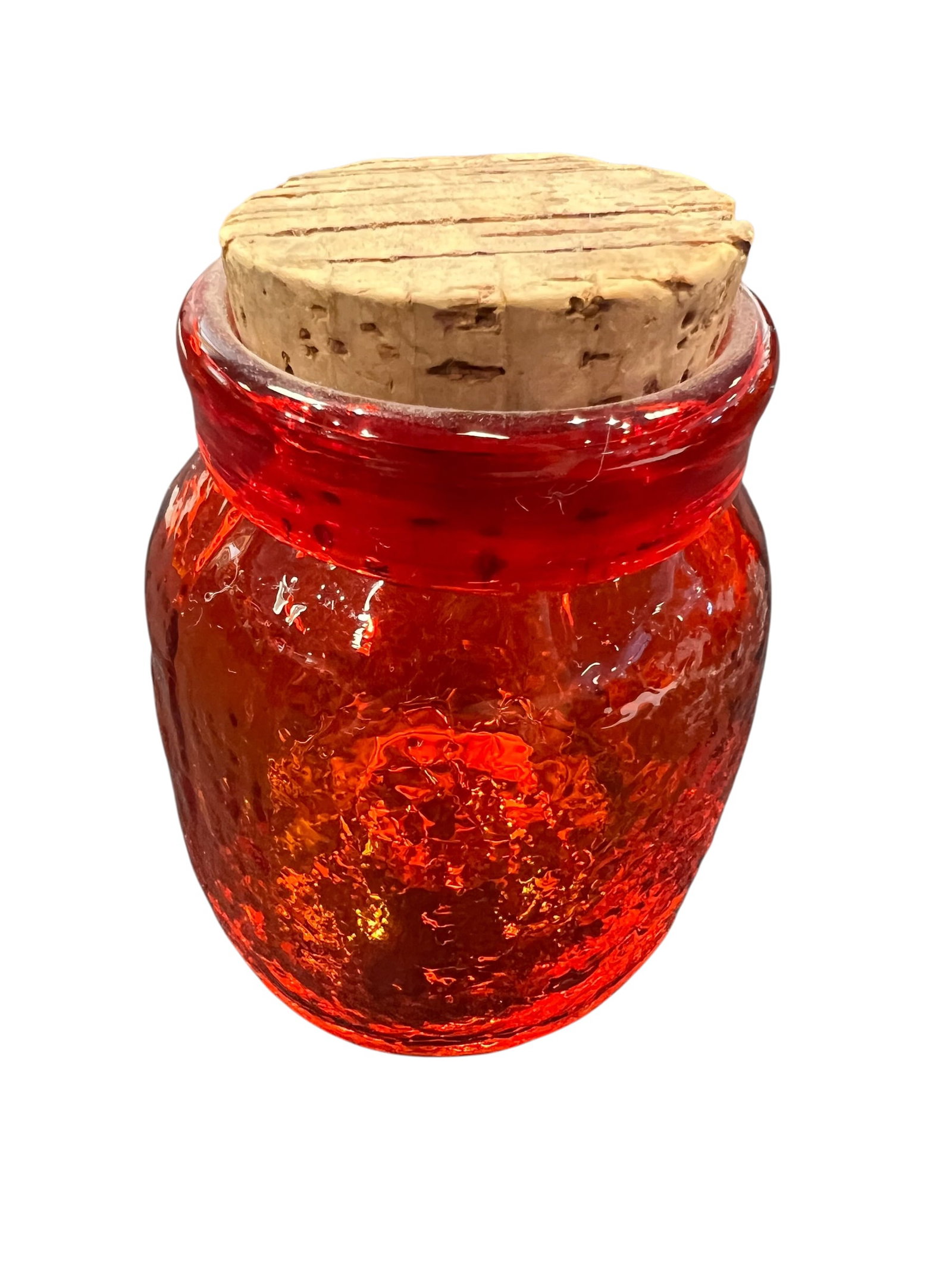 vibrant orange Pilgrim glass jar: This item is a vintage mid-century modern red art glass jar styled with a thick, natural cork lid. It is highly characteristic of mid-century American glass manufacturers such as Pilgrim Glass or Kana