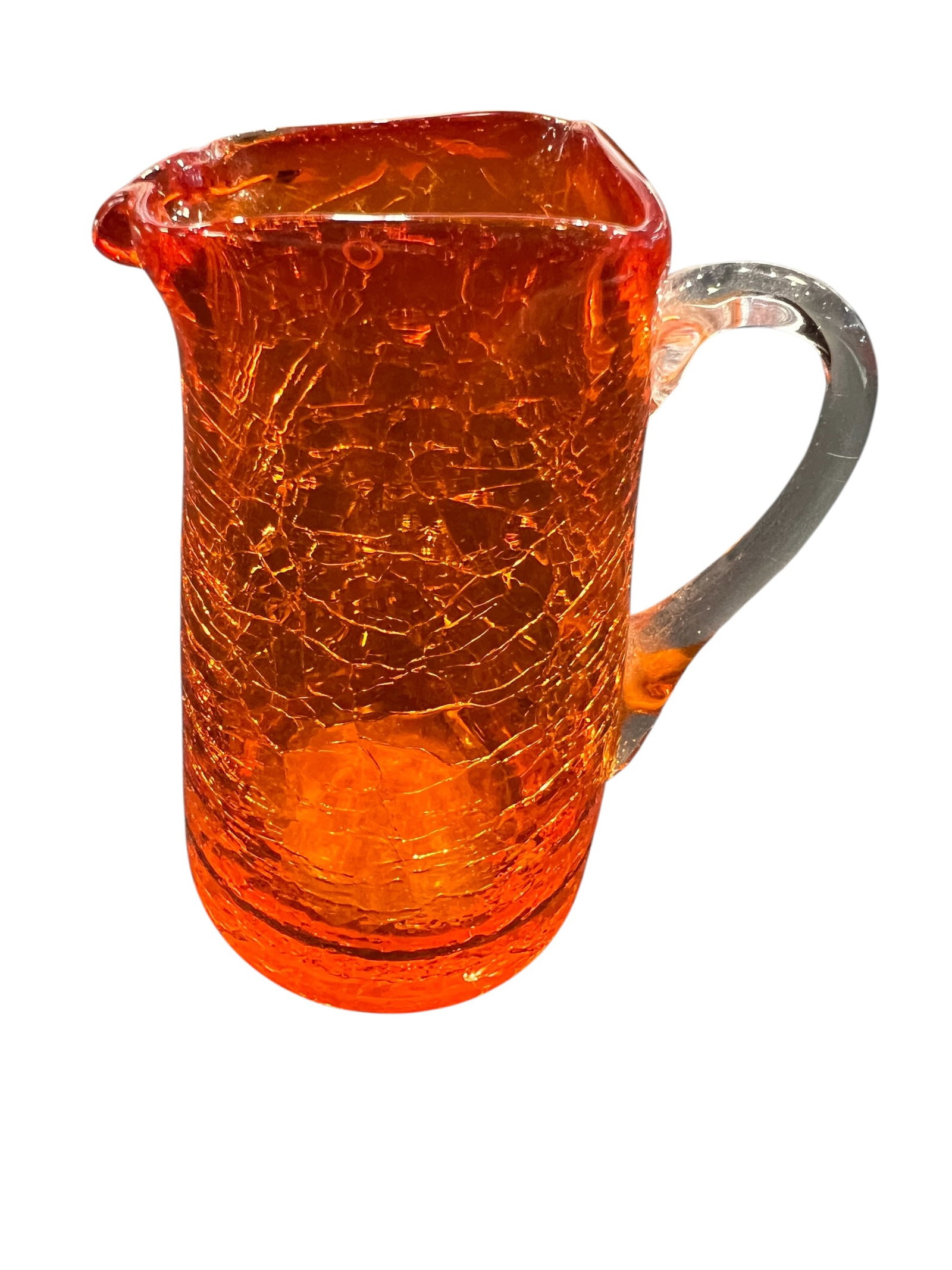 vintage crackle glass pitcher: These are vintage crackle glass pitchers typically identified as tangerine or amberina colors, often associated with mid-century manufacturers like Blenko or Kanawha. [1, 2]Manufacturing Technique: