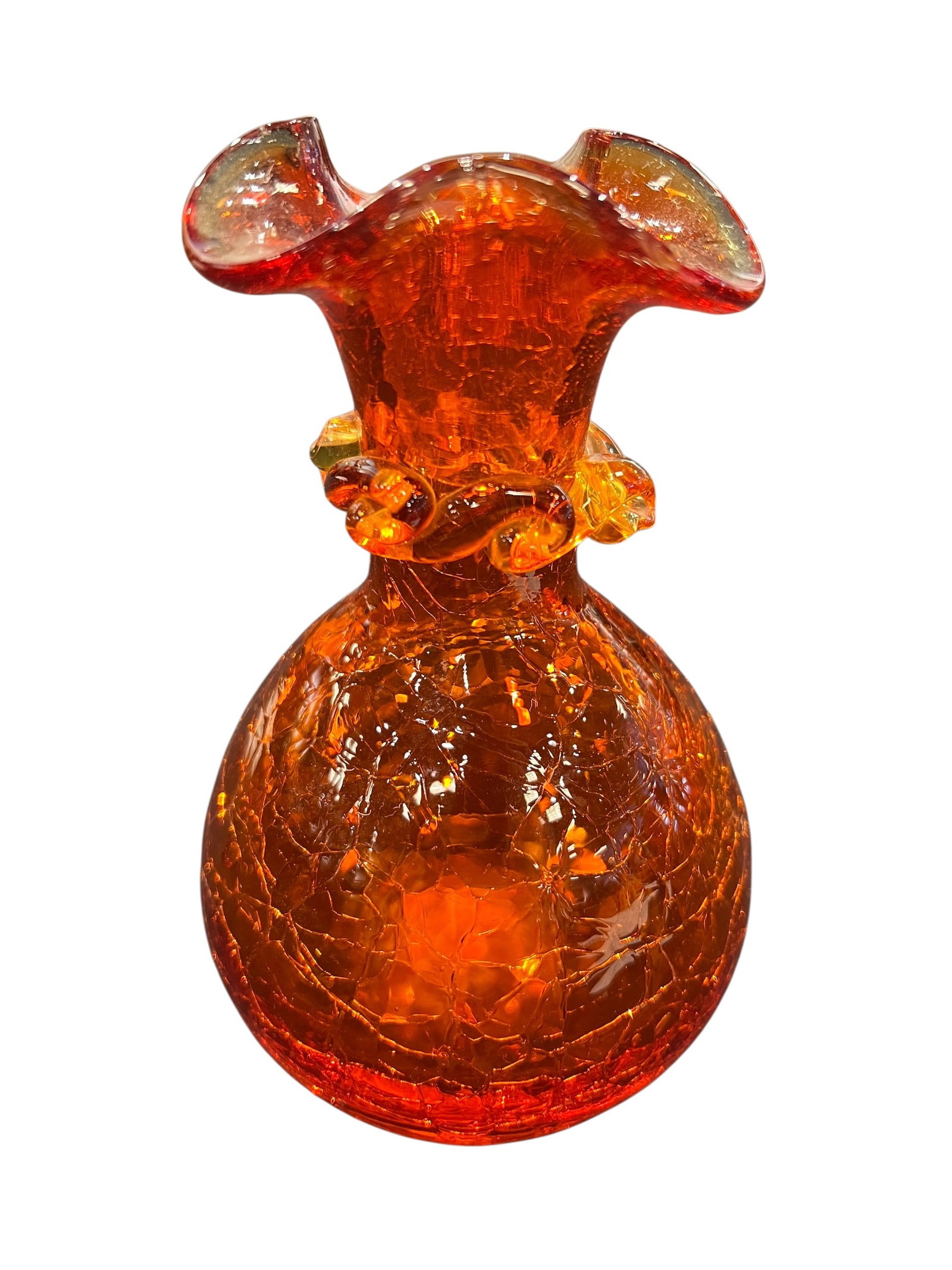 vintage orange crackle glass vase with a ruffled rim (1 of 4)