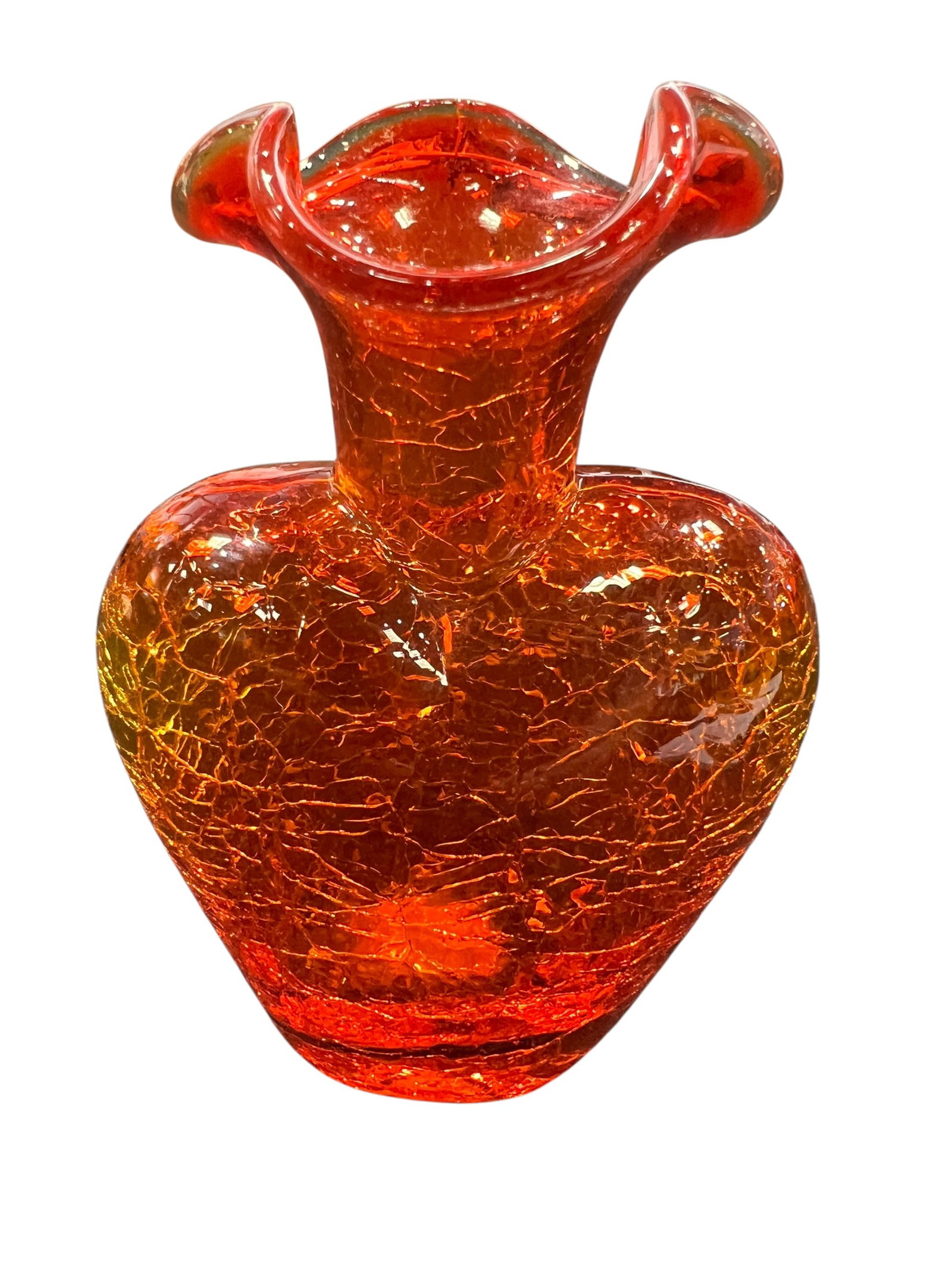 vintage Blenko tangerine crackle glass heart-shaped vase (1 of 3)