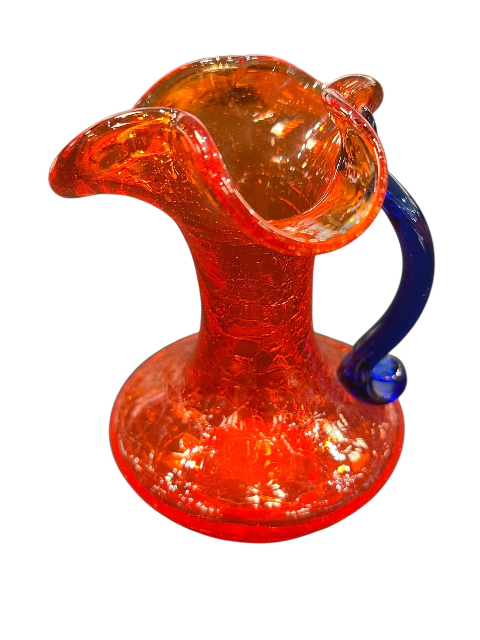 vintage Blenko orange crackle glass mid-century modern handled pitcher (1 of 3)
