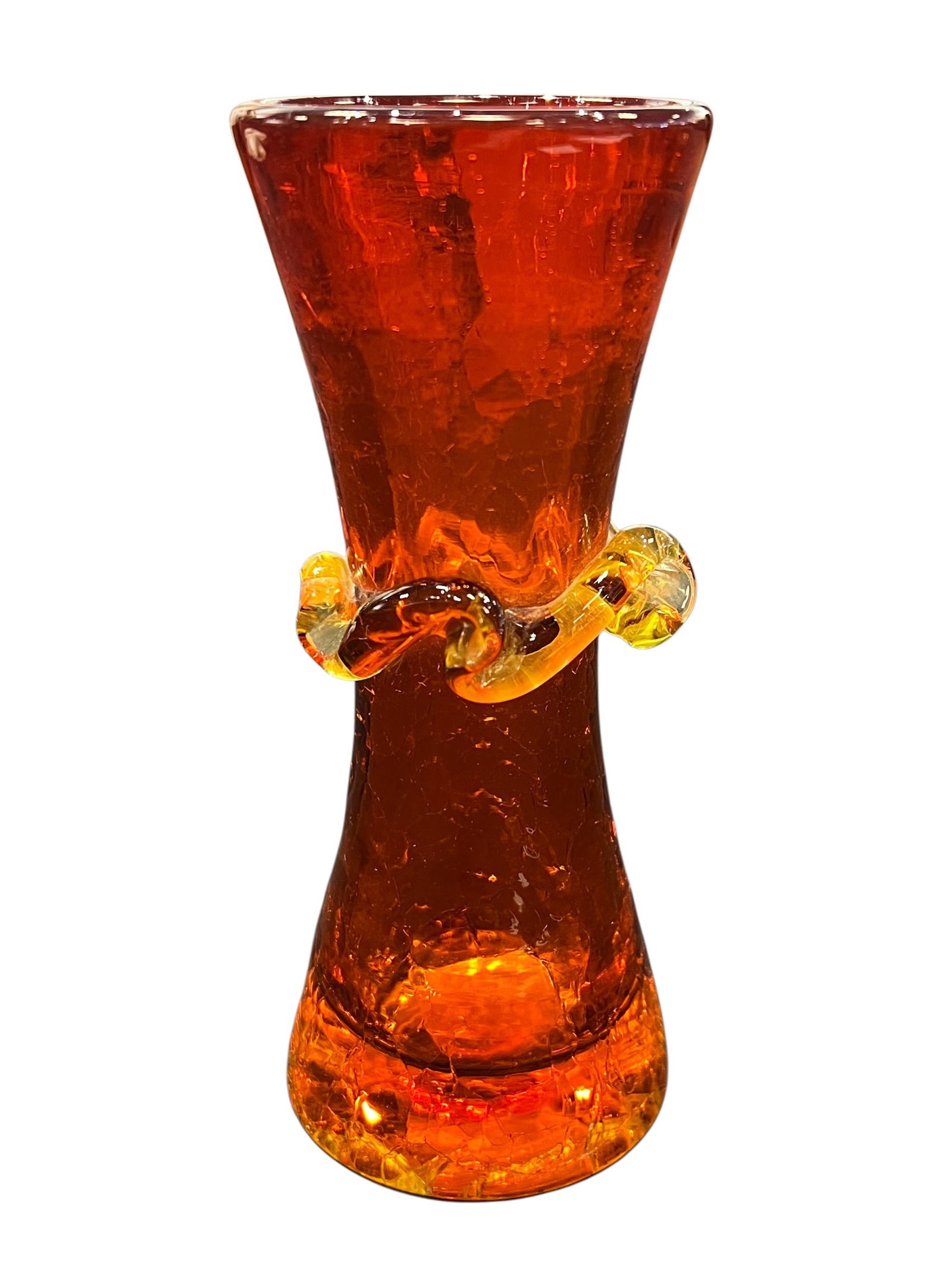 vintage Amberina crackle glass vase,: This mid-century modern item is a vintage Amberina crackle glass vase, most notably produced by the Pilgrim Glass Company or Rainbow Art Glass during the 1960s. [1, 2]Design FeaturesMaterial & Texture