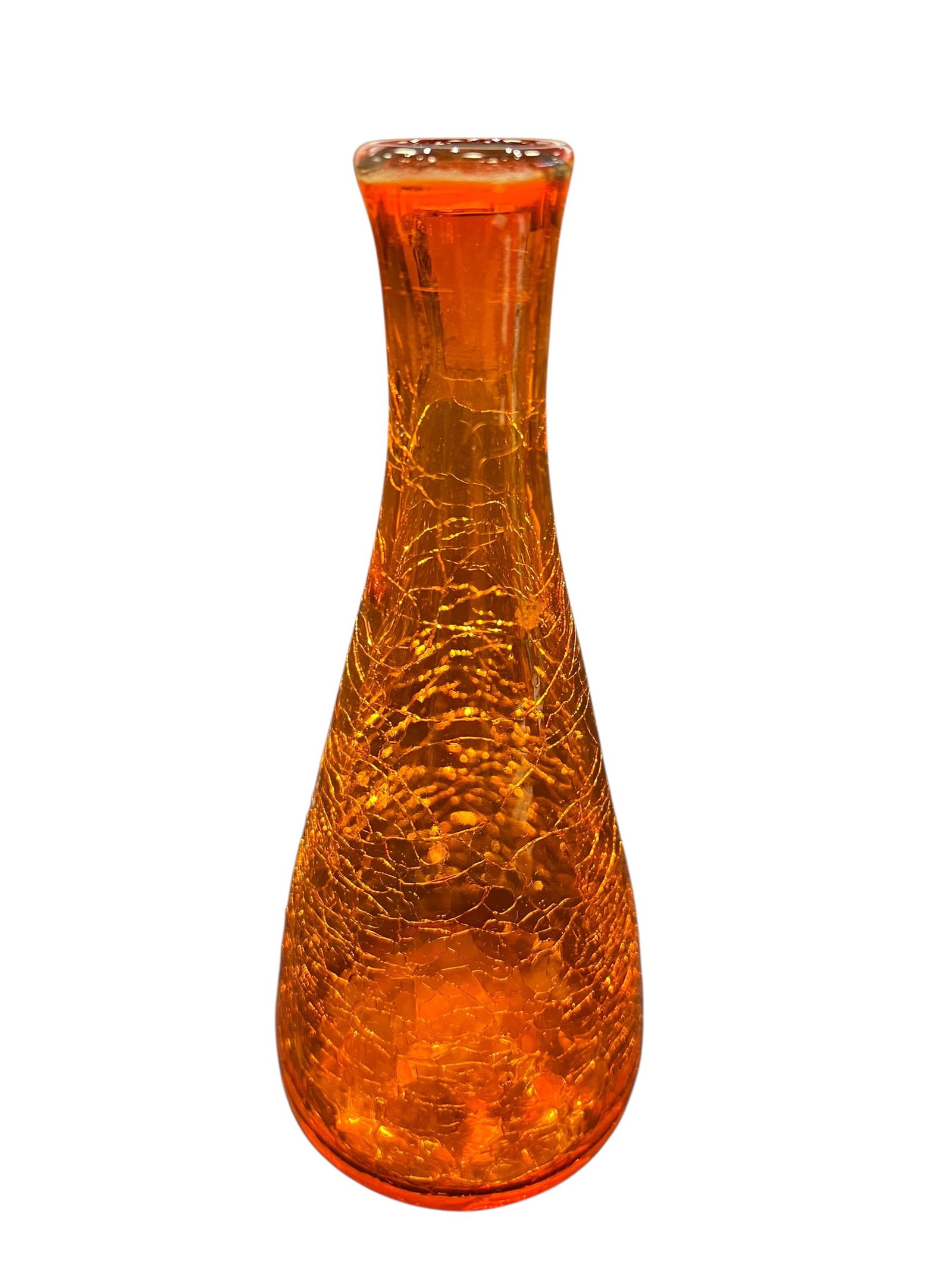 vintage tangerine orange crackle glass vase: This object is a vintage crackle glass vase or decanter base, featuring a distinctive tangerine orange colorway. Pieces of this styling and shape are highly collectible examples of Mid-Century Modern 