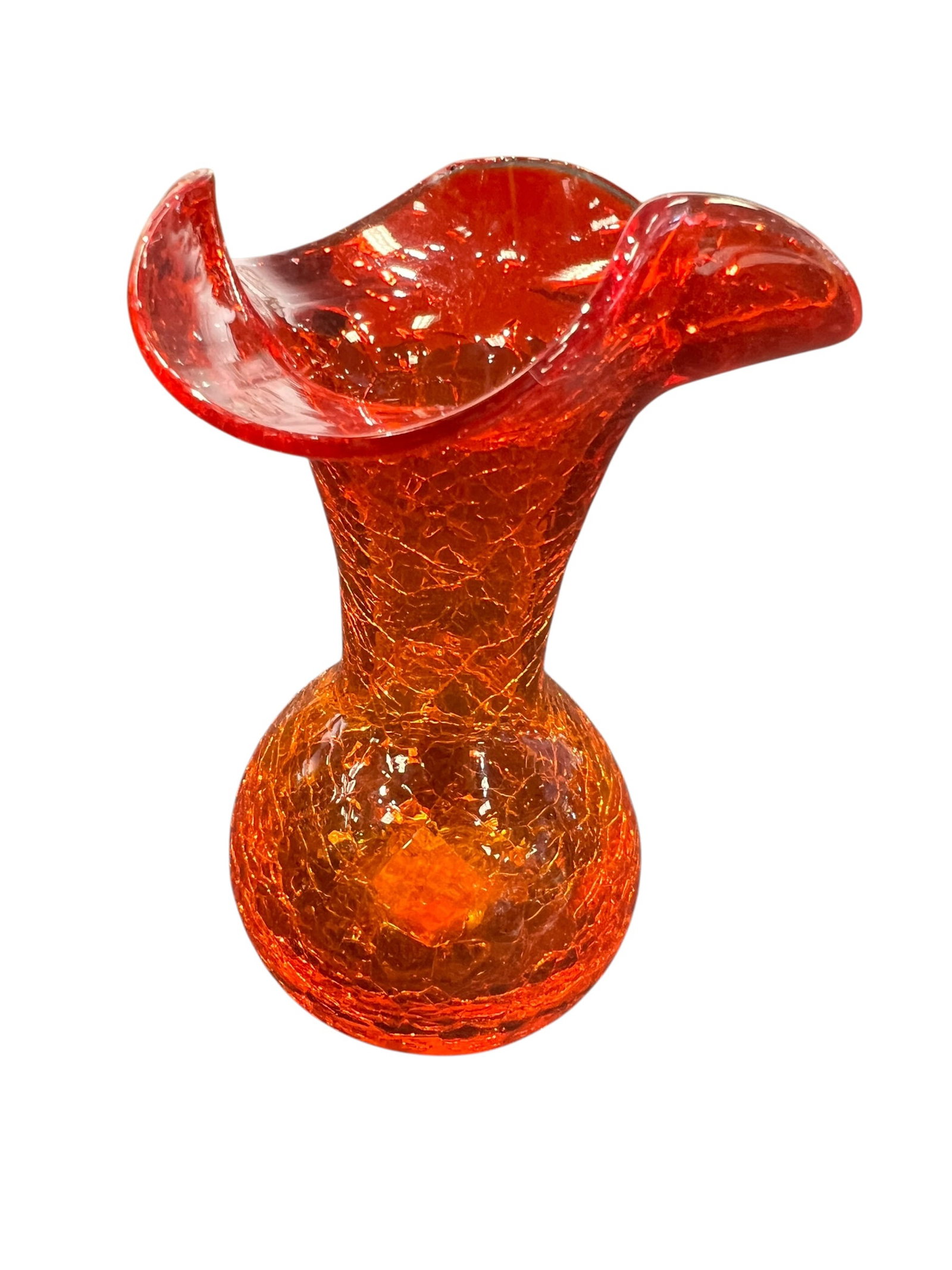 vintage Rainbow Art Glass bud vase: This item is a vintage hand-blown Amberina crackle glass bud vase featuring a distinct ruffled or fluted rim. This style of art glass was highly popular during the mid-20th century. [1, 2, 3]Key Chara