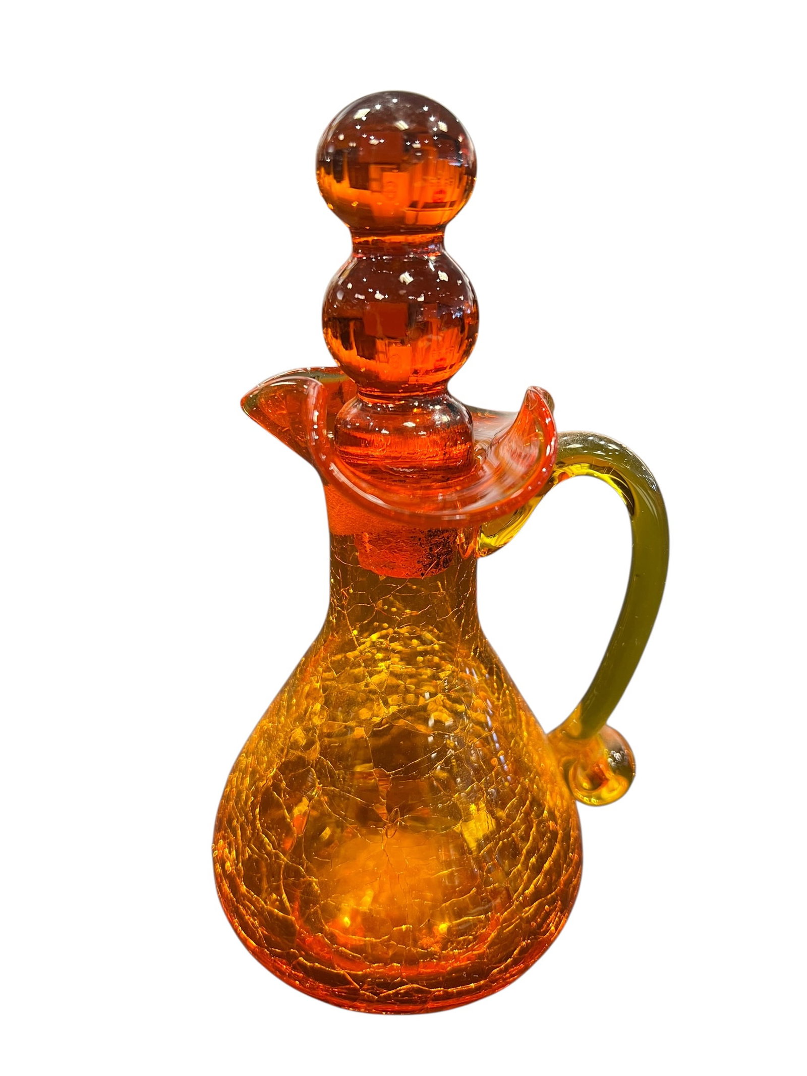 vintage Kanawha Amberina crackle glass cruet pitcher with a stopper.: This is a vintage Kanawha Amberina crackle glass cruet pitcher with a stopper. [1, 2]Style and Technique: The piece features a crackle finish, a glassmaking technique where the hot glass is plunged in