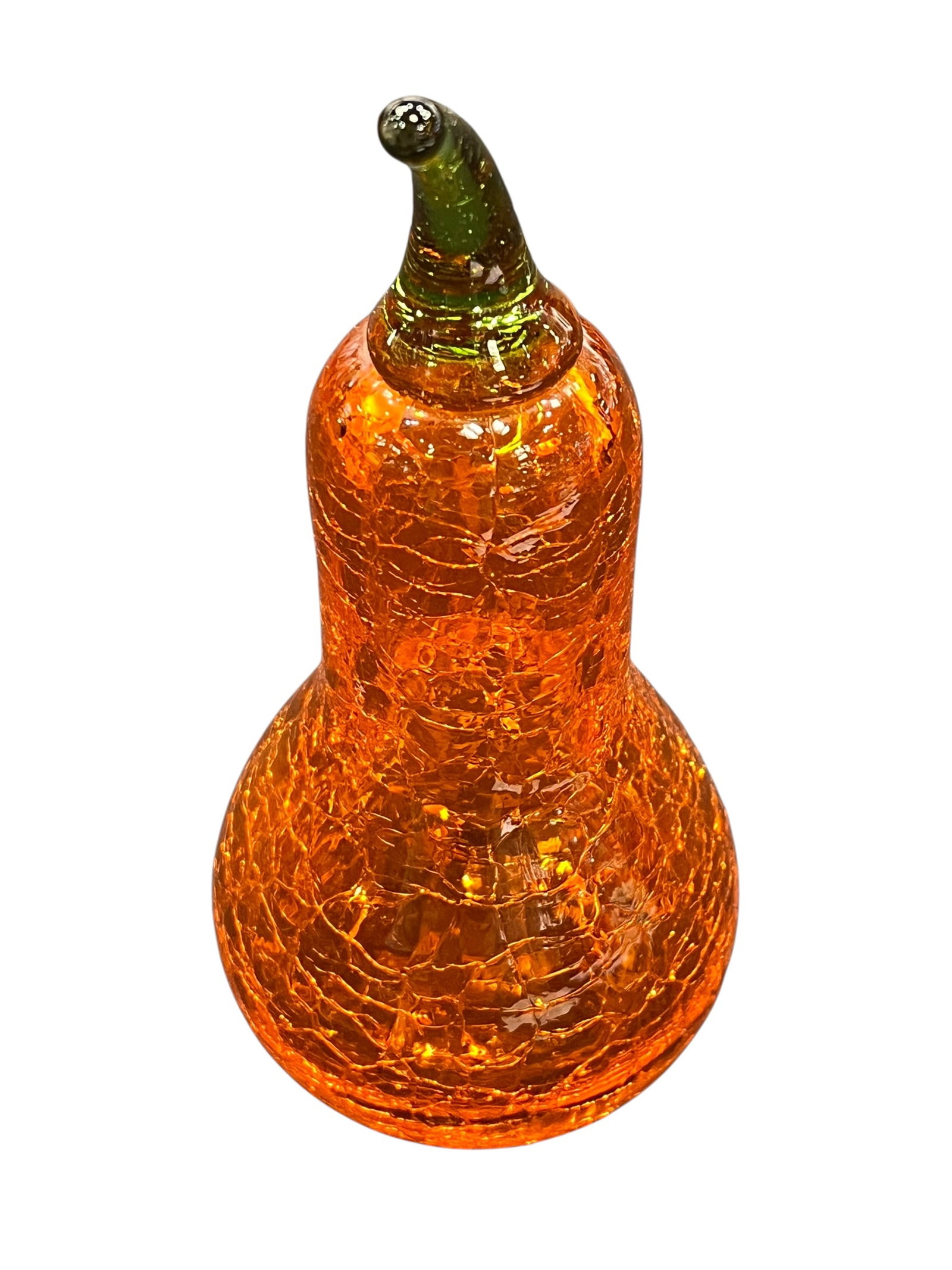 hand-blown amber crackle glass gourd or pumpkin with a green stem.: This is a hand-blown amber crackle glass gourd or pumpkin with a green stem.This decorative item features a crackle finish that catches the light, often utilized for autumn or harvest displays.Similar