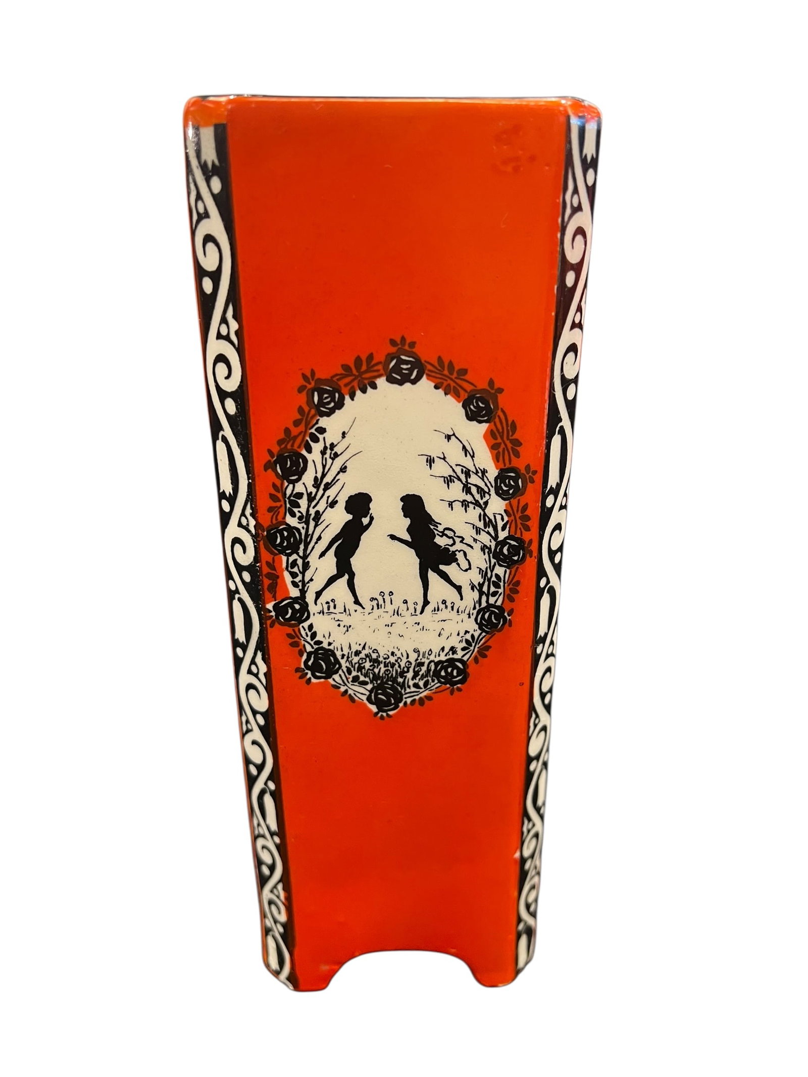 Vintage Czech Art Deco Tango glass vase: This piece is an antique Art Deco Czech Tango Glass vase dating from the 1920s to 1930s. [1, 2]Key Characteristics & OriginStyle & Material: This vibrant, opaque orange color is characteristic of Czec