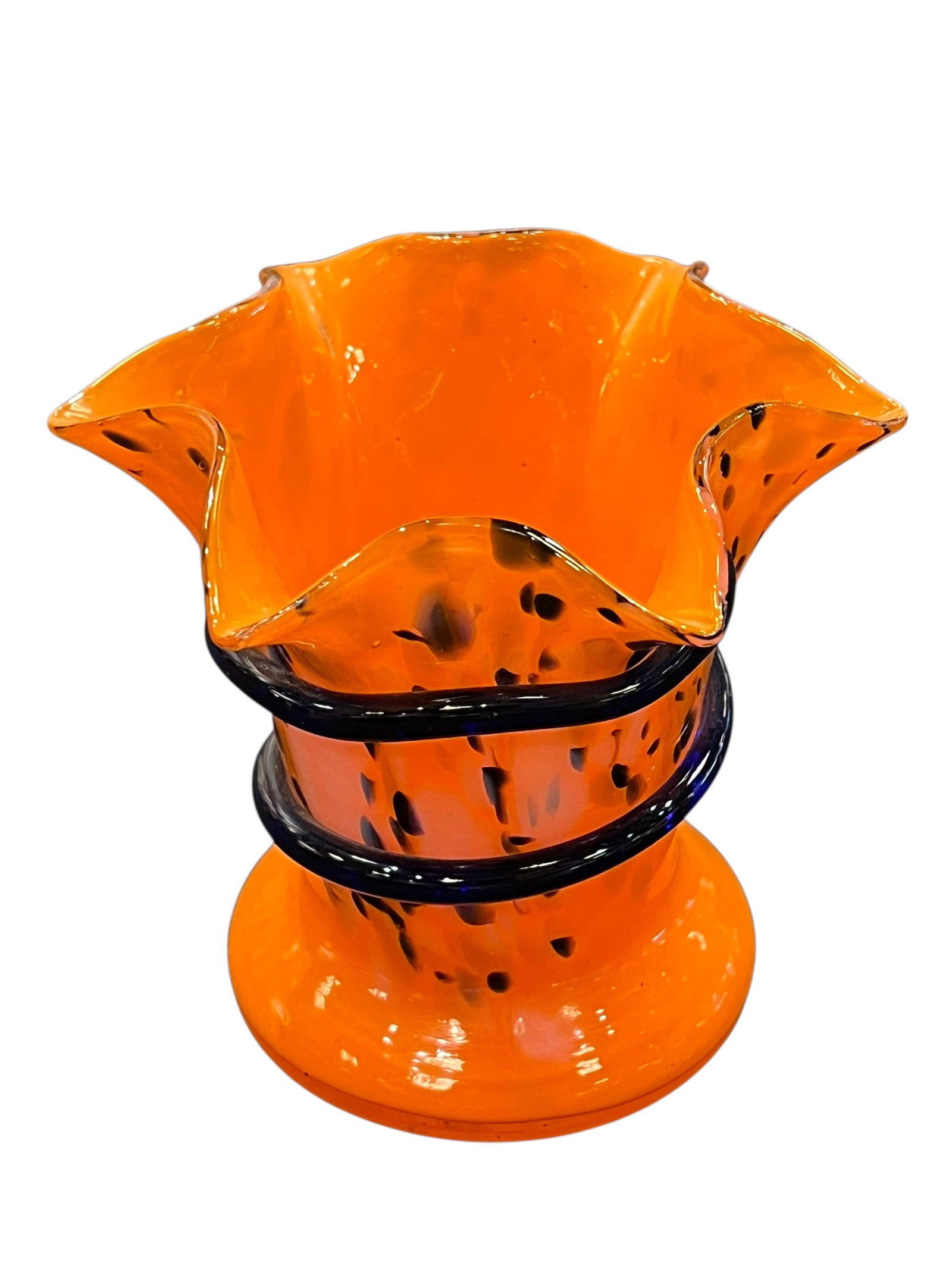 Czech Art Deco Tango glass vase,: This item is a vintage Czech Art Deco Tango glass vase, produced circa the 1920s to 1940s. [1]The piece features a distinctive vibrant orange body, a ruffled handkerchief rim, mottled black spots or s