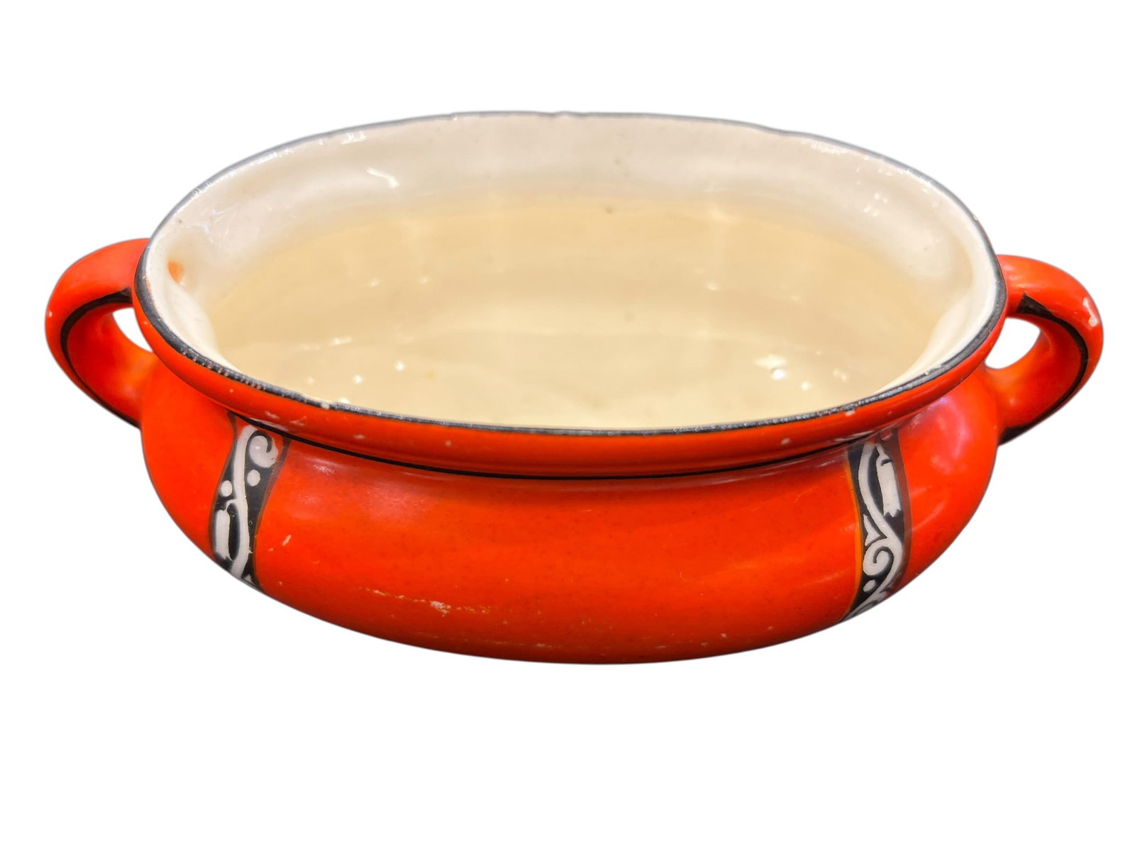 vintage enameled double-handled soup tureen or bowl: This item is a vintage enameled double-handled soup tureen or bowl, heavily styled in the iconic mid-century modern aesthetic from the 1960s and 1970s.Key Characteristics & DetailsMaterial: Built from
