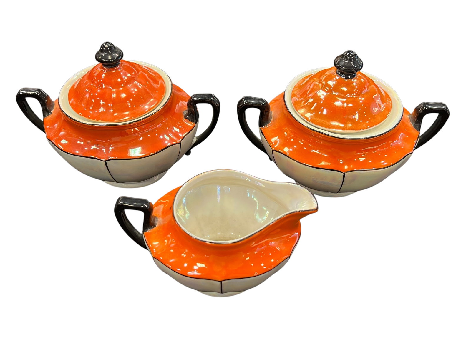 3 pc. Art Deco tea service accessory set: This image shows a striking vintage Art Deco tea service accessory set manufactured by the famous Czech porcelain company Phoenix China.Design & Era DetailsStyle: Pure Art Deco, characterized by its