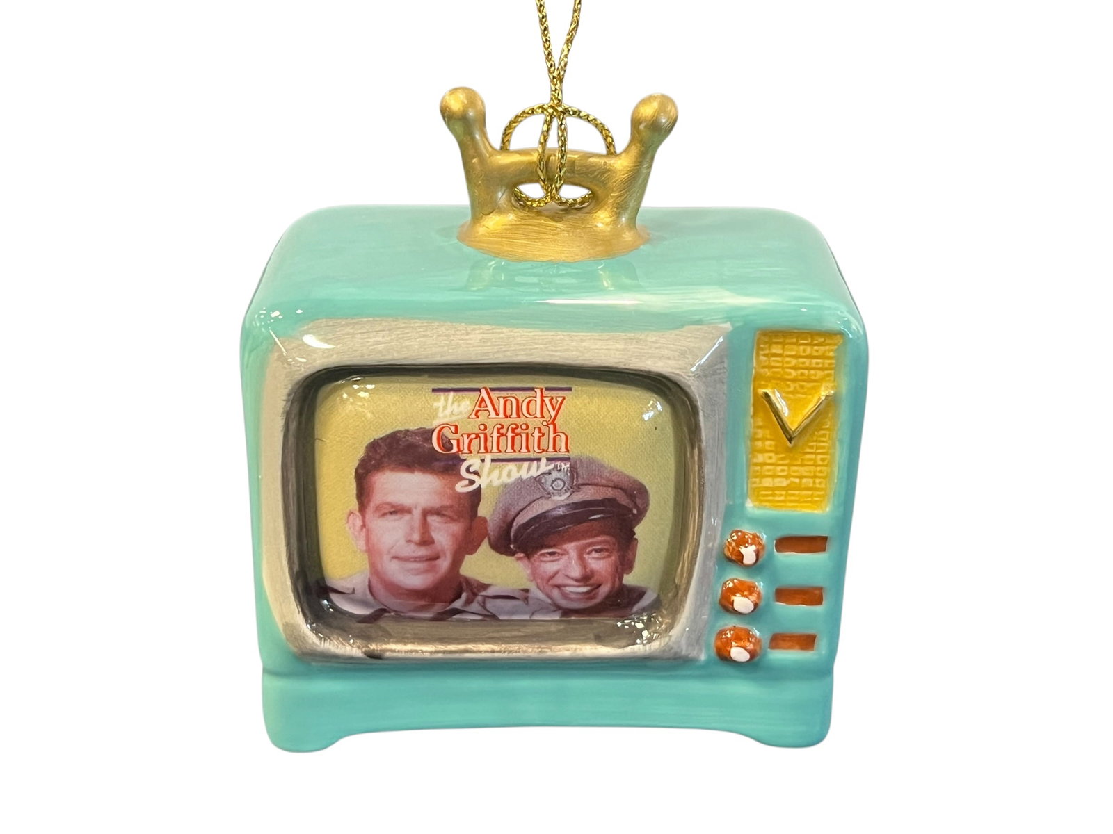 Autographed Andy Griffith Ceramic Christmas Ornament 2001: This is The Andy Griffith Show Retro TV Christmas Ornament, produced as part of Vandor's 2001 Collectibles line. [1]Features & DesignAppearance: Modeled after a vintage 1950s/1960s tabletop