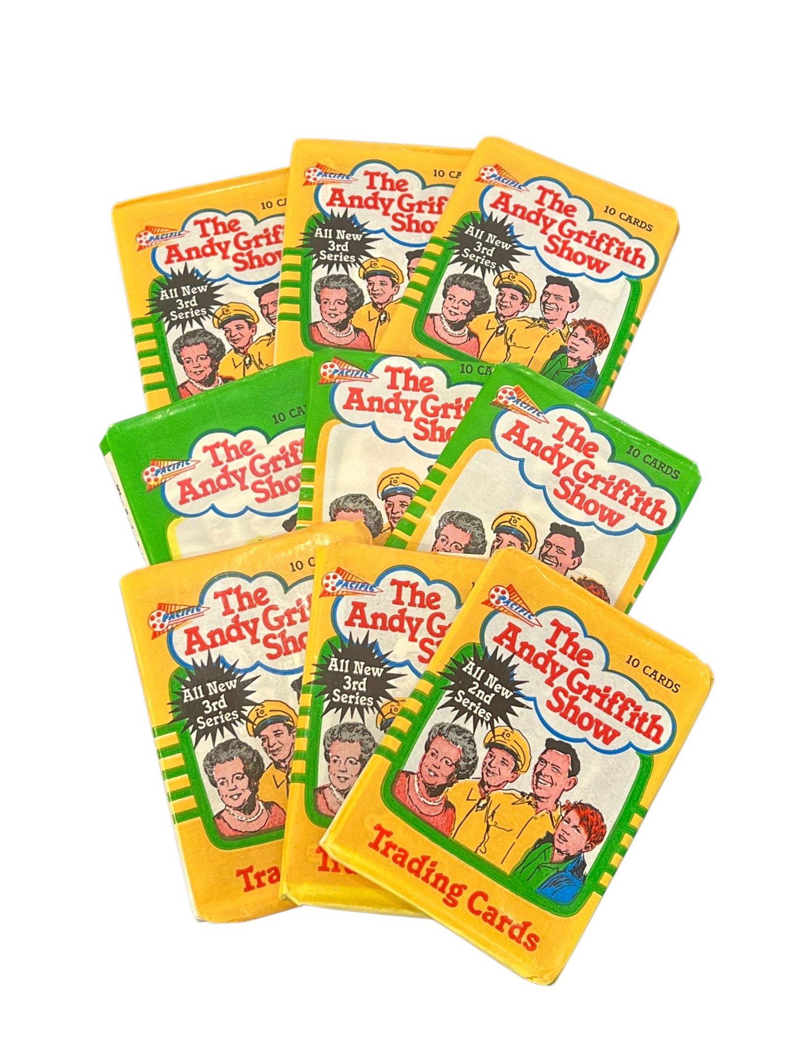 9 Packs of Andy Griffith Show Trading Cards: These items are unopened vintage non-sport trading card packs based on the classic television series, The Andy Griffith Show. [1, 2]Product DetailsManufacturer: Produced by Pacific Trading Cards, Inc.