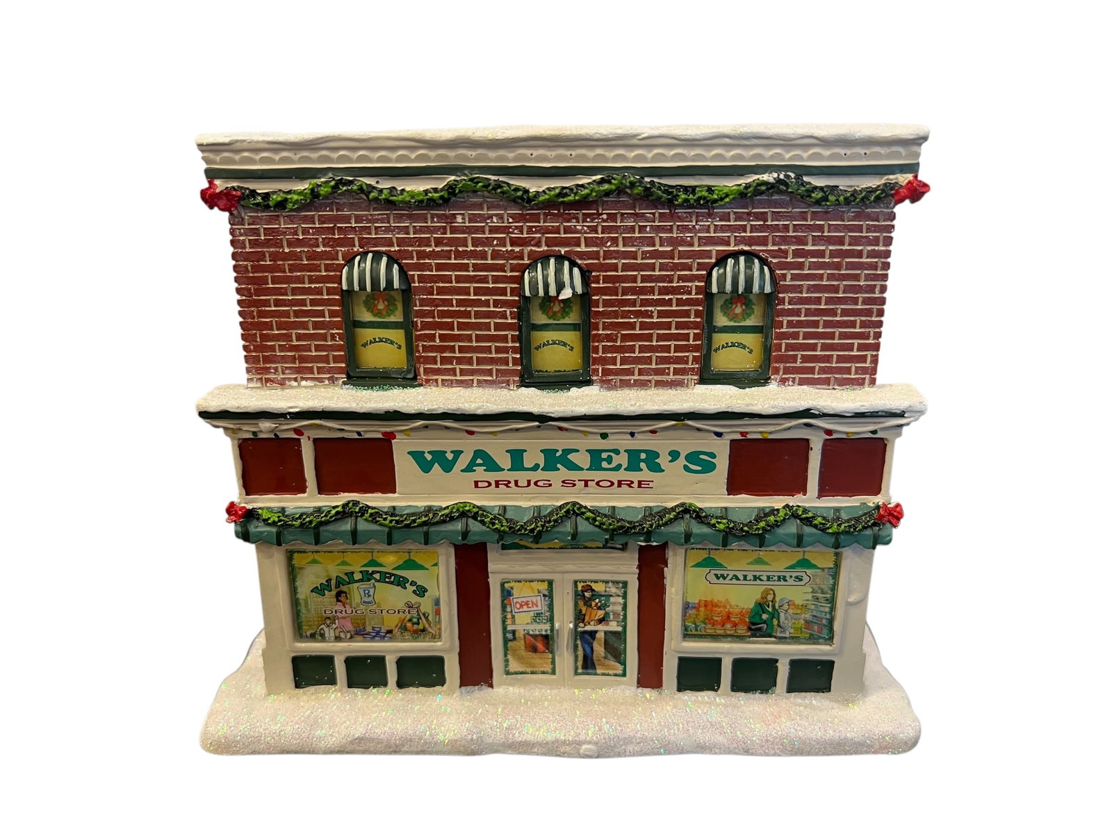 “Walker’s Drug Store?? Building by Hawthorne Village: From the Mayberry Christmas Village collection. Has certificate of authenticity. This piece features a hand-painted brick facade, a snow-covered roof, festive holiday garlands, and the iconic “Walke