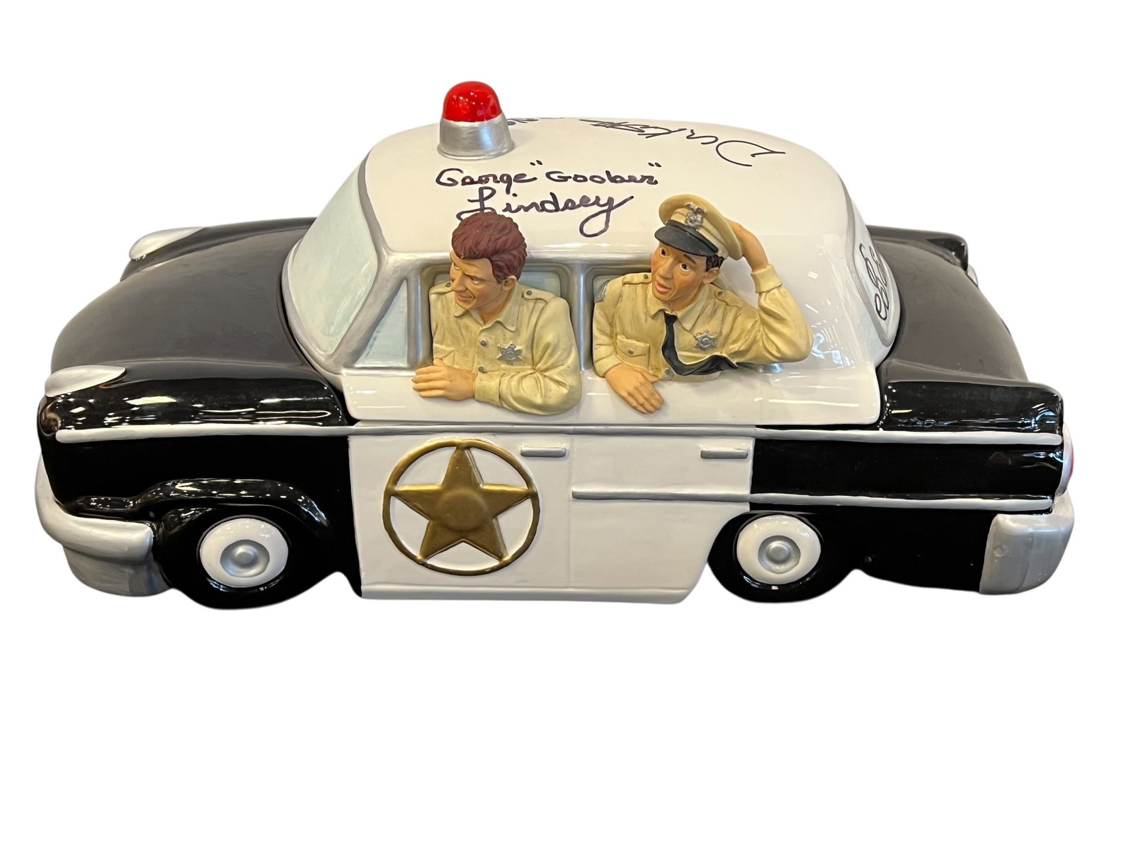 Autographed Mayberry Squad Car Cookie Jar: Multi-Signed by Cast Members of The Andy Griffith ShowEstimated Value: $1,000 - $2,000Among the most impressive Mayberry display collectibles known is this limited-edition Mayberry squad car cookie