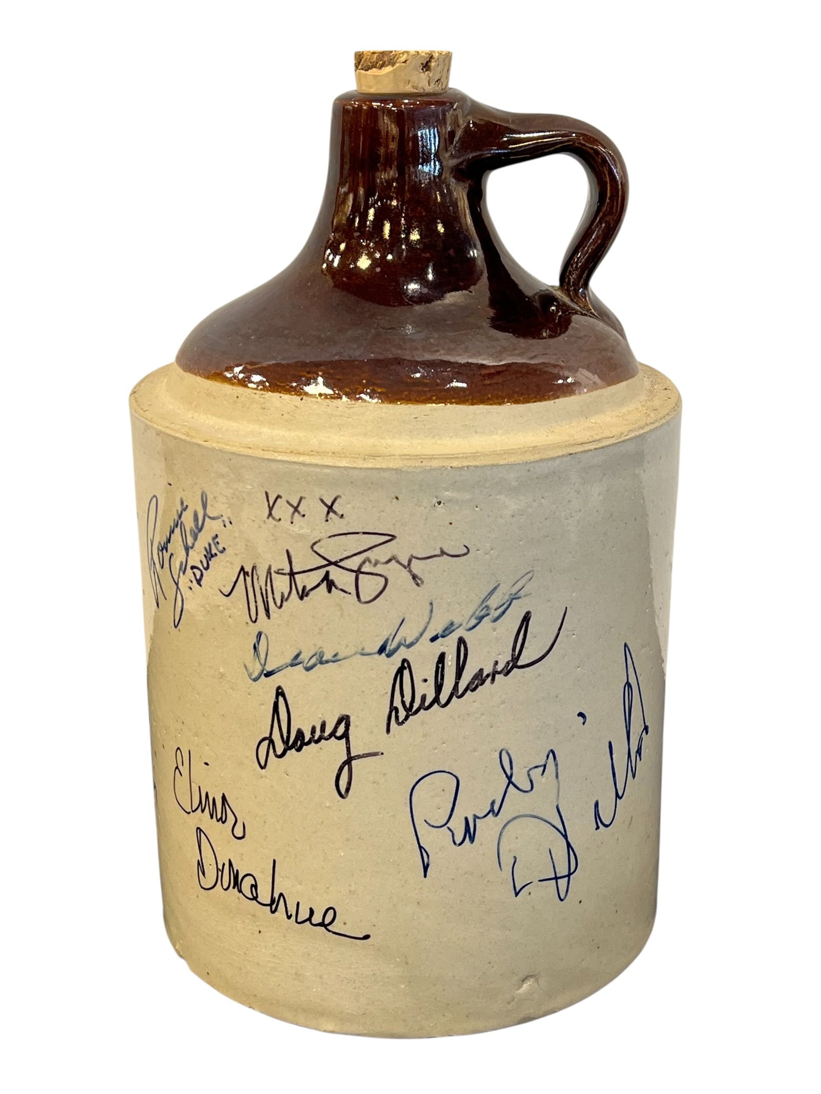 Mayberry Cast Autographed Moonshine Jug: Mayberry Cast Autographed Moonshine JugPersonally Signed for Steve Barfield by Cast Members, Guest Stars, and the Legendary DillardsFew collectibles capture the spirit of Mayberry better than a