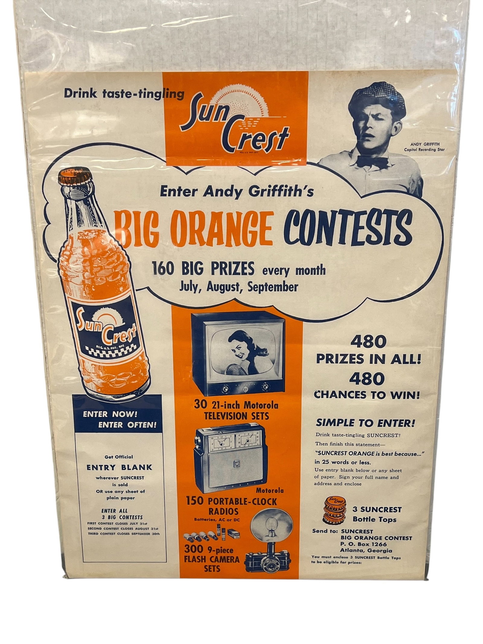 Original Andy Griffith SunCrest "Big Orange Contests" Advertising Poster: 50Original Andy Griffith SunCrest "Big Orange Contests" Advertising PosterRare 1950s Promotional Advertising Piece Featuring Andy GriffithLong before he became Sheriff Andy Taylor and one of